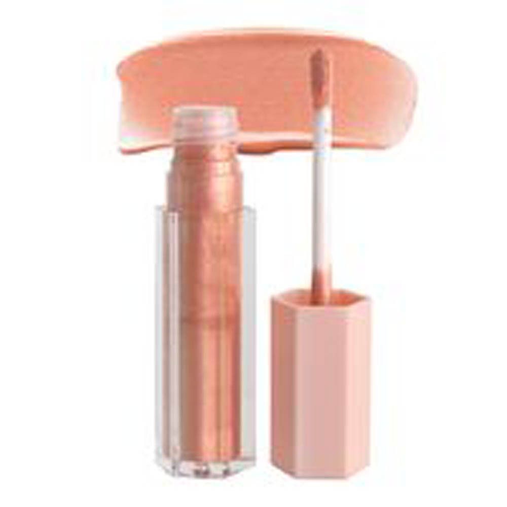 Tube de gloss avec bouchon et applicateur roses. Contenu : scintillant doré. Appliqué.