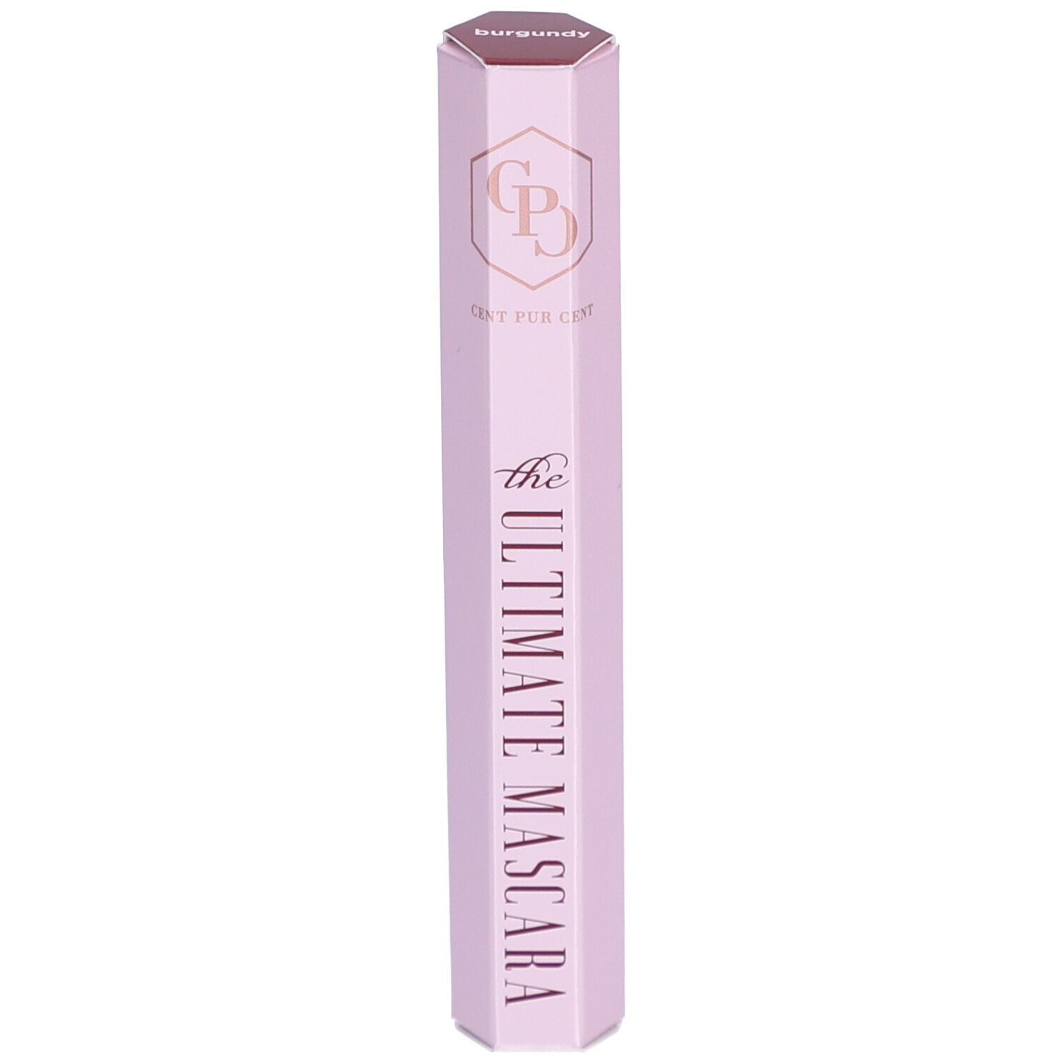 Tube de mascara rose clair hexagonal. Inscription : Cent Pur Cent, the Ultimate Mascara. Couleur : Bordeaux.