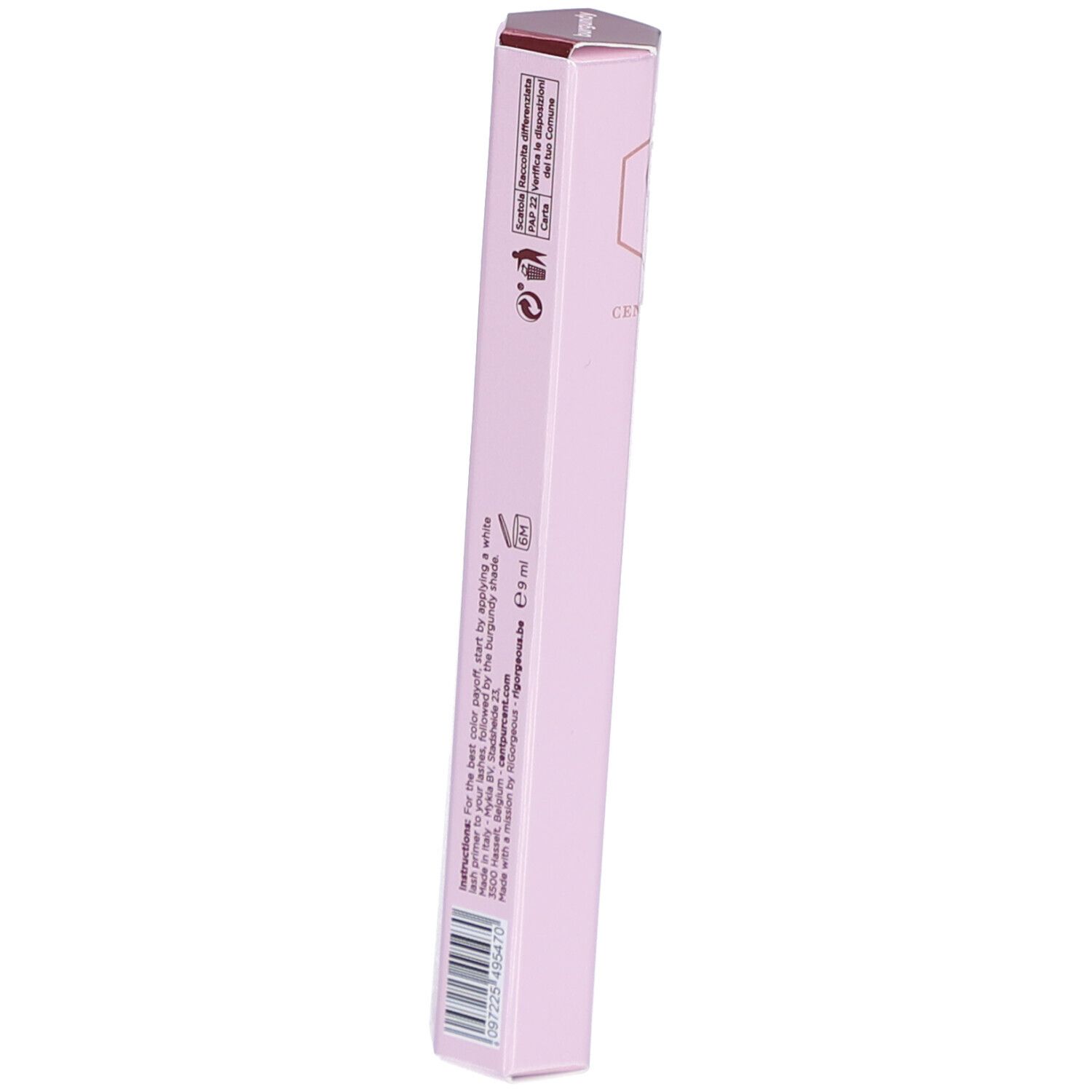 Tube de mascara rose clair avec texte. Contient des informations sur les ingrédients, le fabricant et la quantité : 9 ml.
