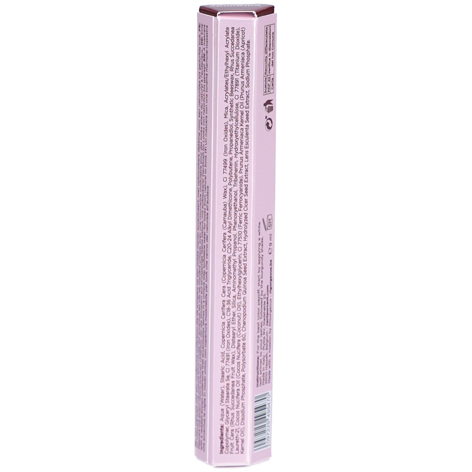 Dos du tube de mascara rose clair avec liste des ingrédients. Contient des informations sur les ingrédients, le fabricant et la quantité : 9 ml.
