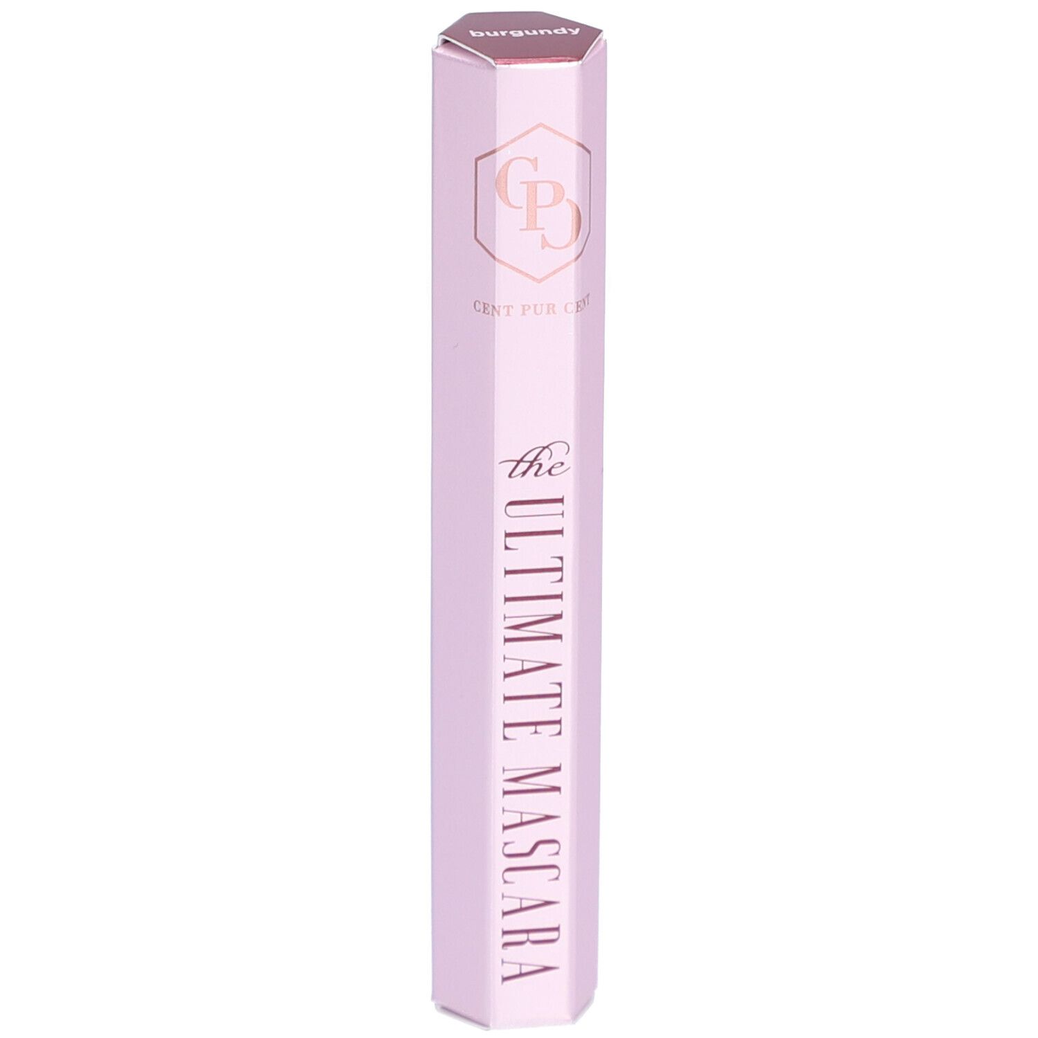 Tube de mascara rose clair hexagonal. Inscription : Cent Pur Cent, the Ultimate Mascara. Couleur : Bordeaux.