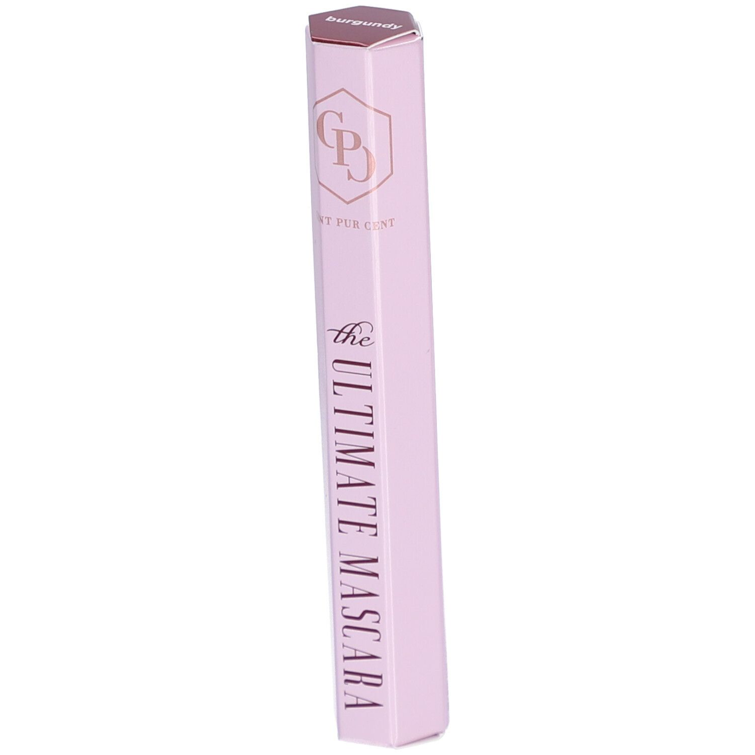 Tube de mascara rose clair hexagonal. Inscription : Cent Pur Cent, the Ultimate Mascara. Couleur : Bordeaux.