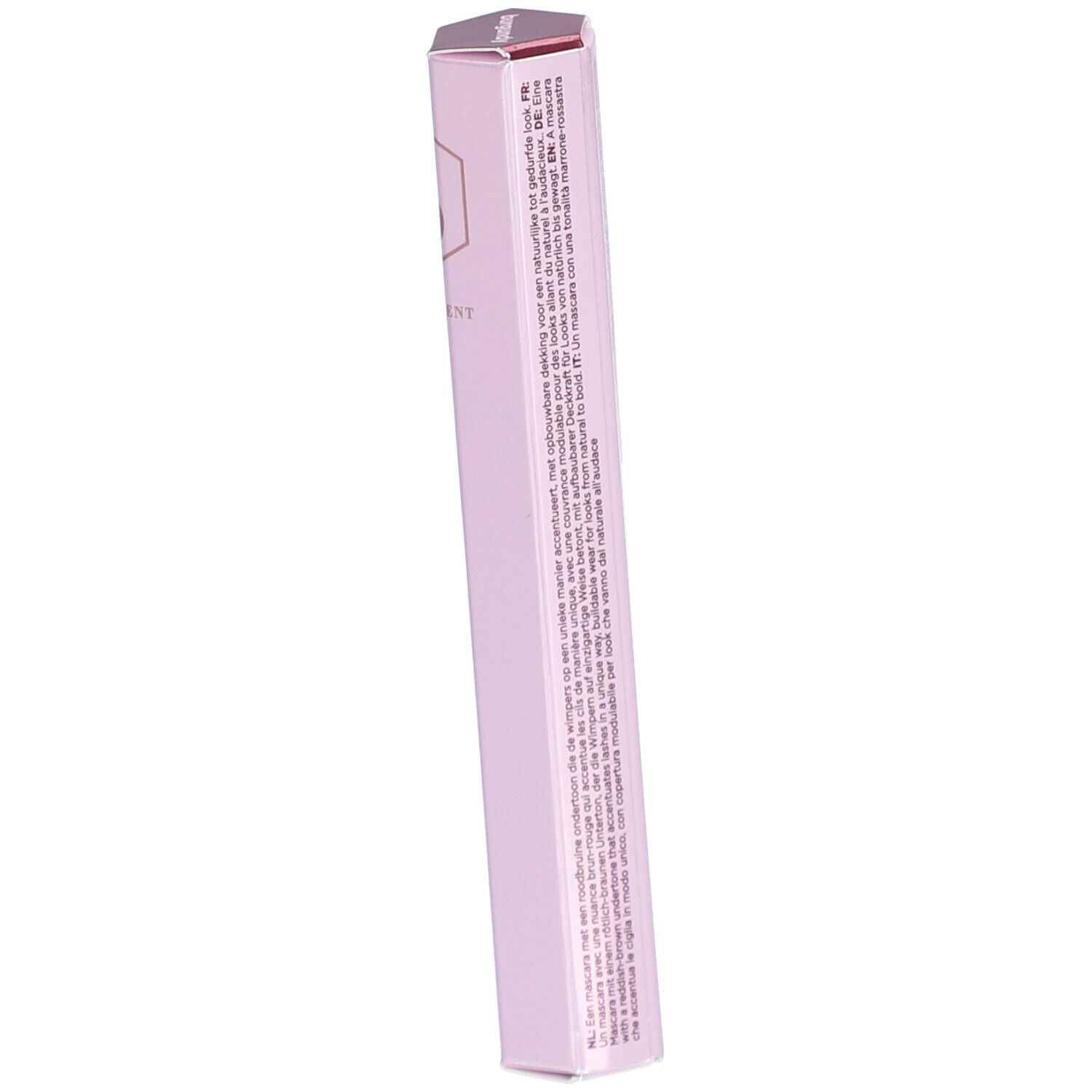 Tube de mascara rose clair avec texte. Contient des informations sur les ingrédients, le fabricant et la quantité : 9 ml.