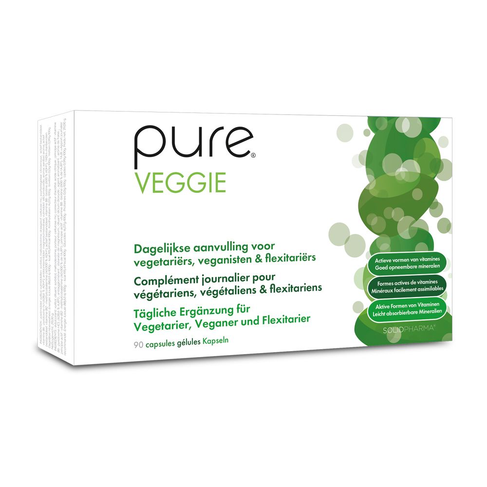 Boîte blanche avec logo "pure VEGGIE". Texte en allemand, néerlandais, français. 90 gélules.