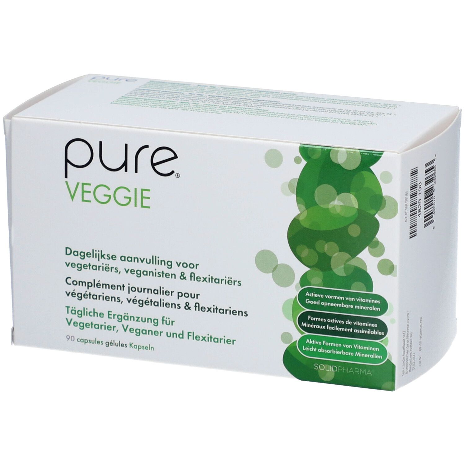 Weiße Schachtel mit "pure VEGGIE"-Logo. Text in Deutsch, Niederländisch, Französisch. 90 Kapseln.