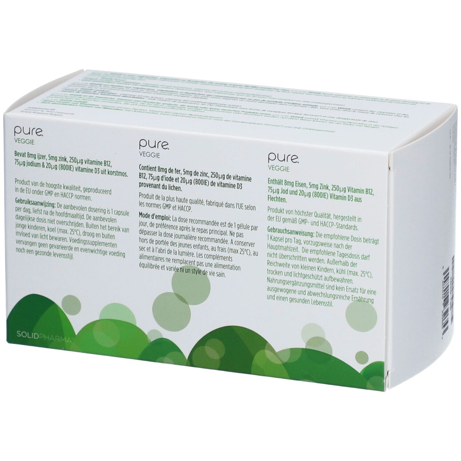 Rückseite der weißen Schachtel mit "pure VEGGIE"-Logo. Text in Deutsch, Niederländisch, Französisch. Inhaltsstoffe.