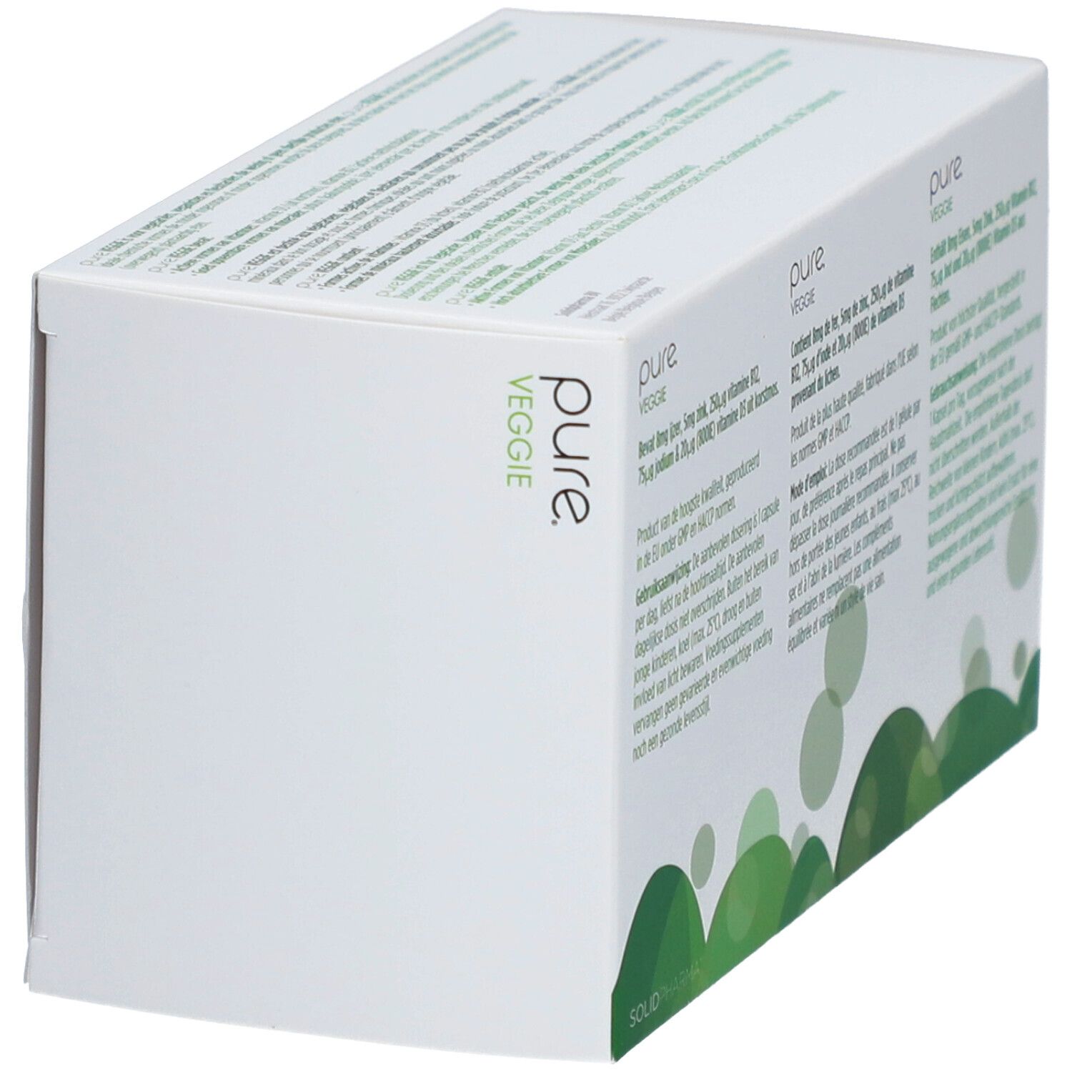 Weiße Schachtel mit "pure VEGGIE"-Logo. Text in Deutsch, Niederländisch, Französisch. 90 Kapseln.