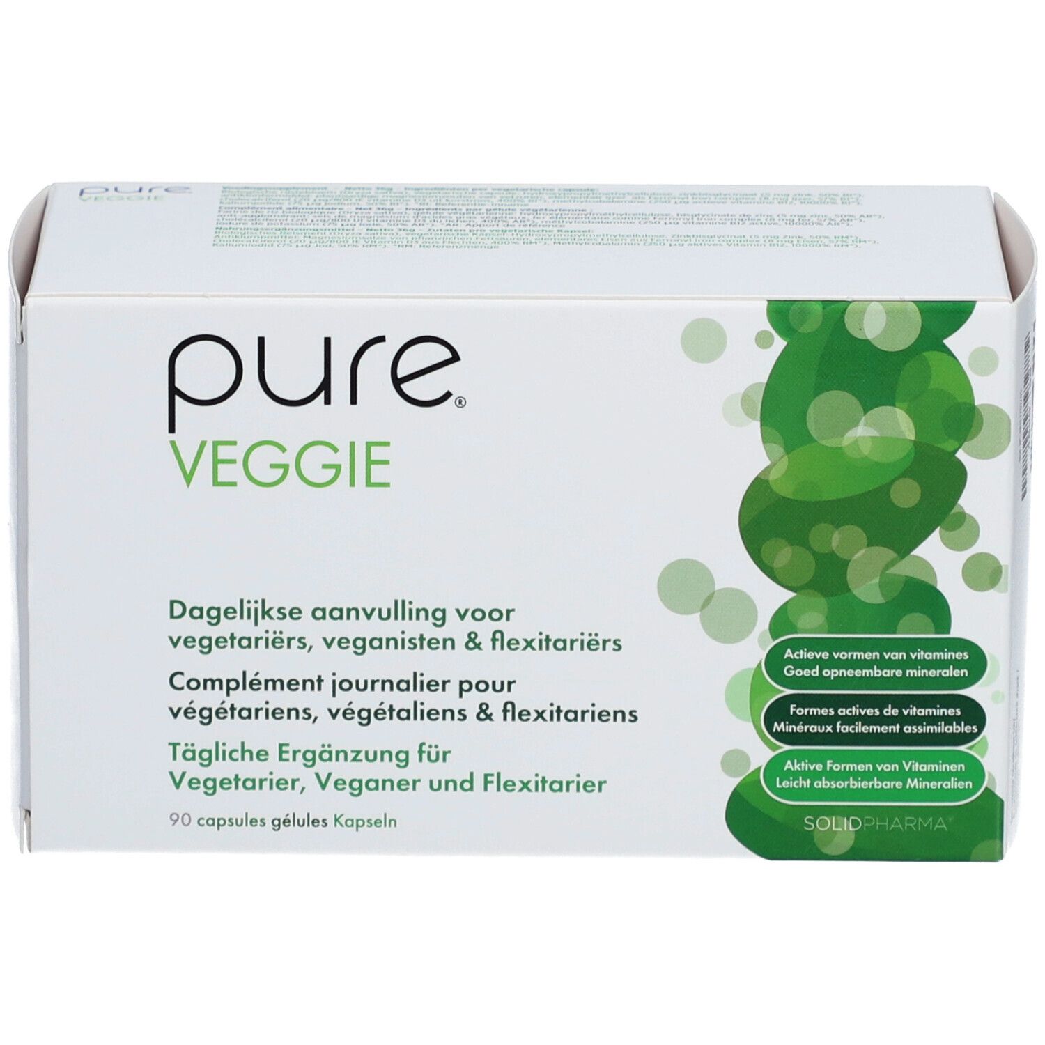 Weiße Schachtel mit "pure VEGGIE"-Logo. Text in Deutsch, Niederländisch, Französisch. 90 Kapseln.