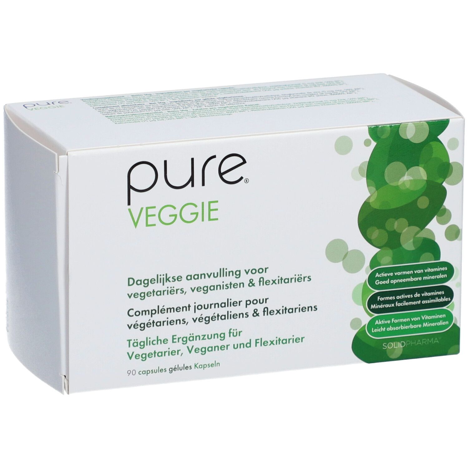 Weiße Schachtel mit "pure VEGGIE"-Logo. Text in Deutsch, Niederländisch, Französisch. 90 Kapseln.
