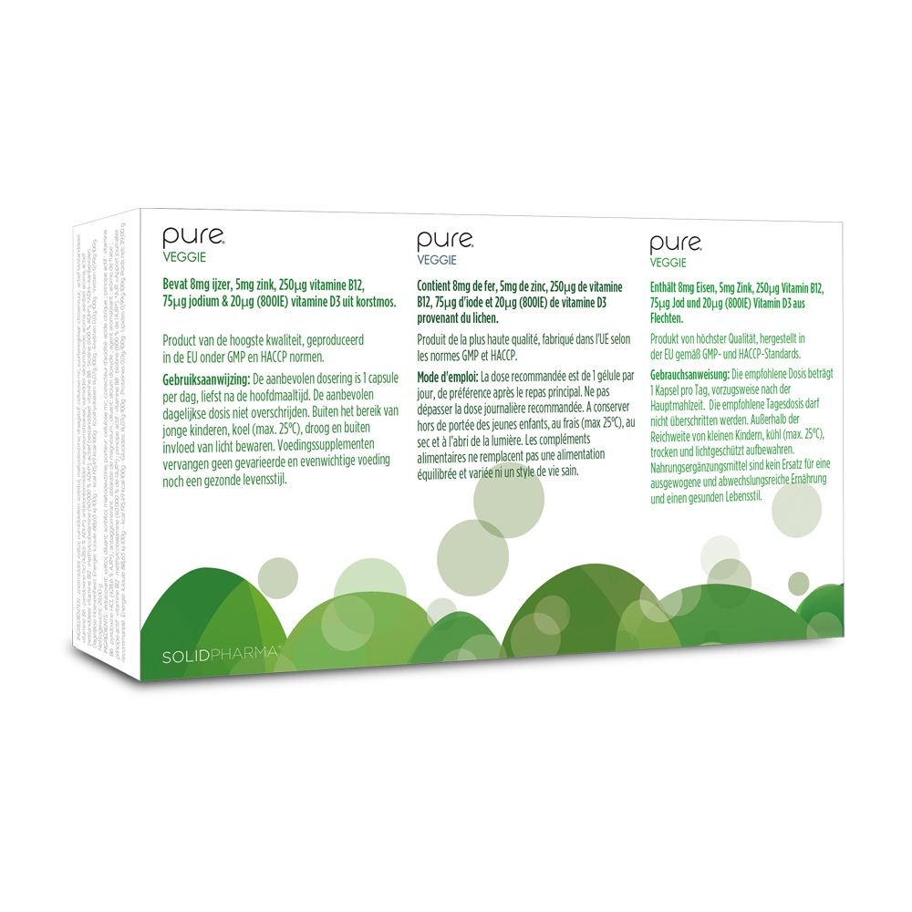 Dos de la boîte blanche avec logo "pure VEGGIE". Texte en allemand, néerlandais, français. Ingrédients.