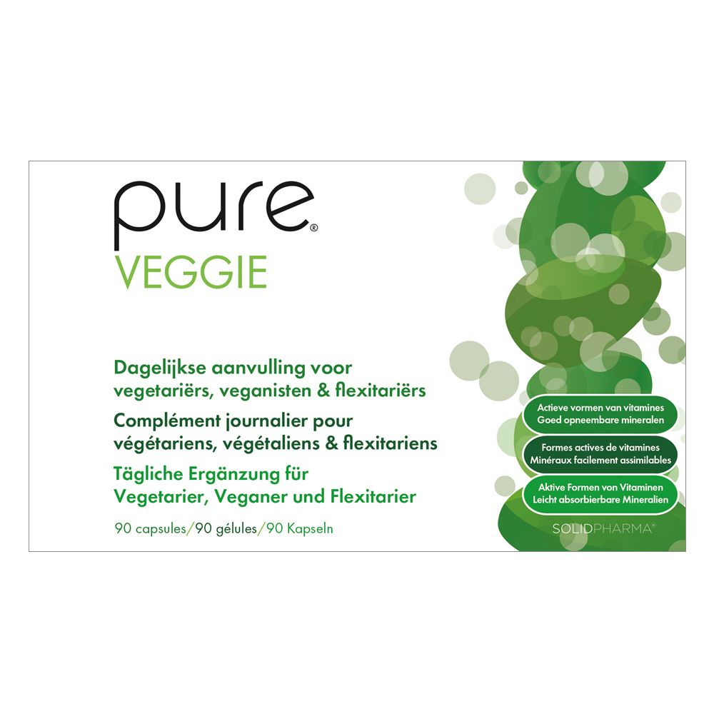 Dos de la boîte blanche avec logo "pure VEGGIE". Texte en allemand, néerlandais, français. Ingrédients.