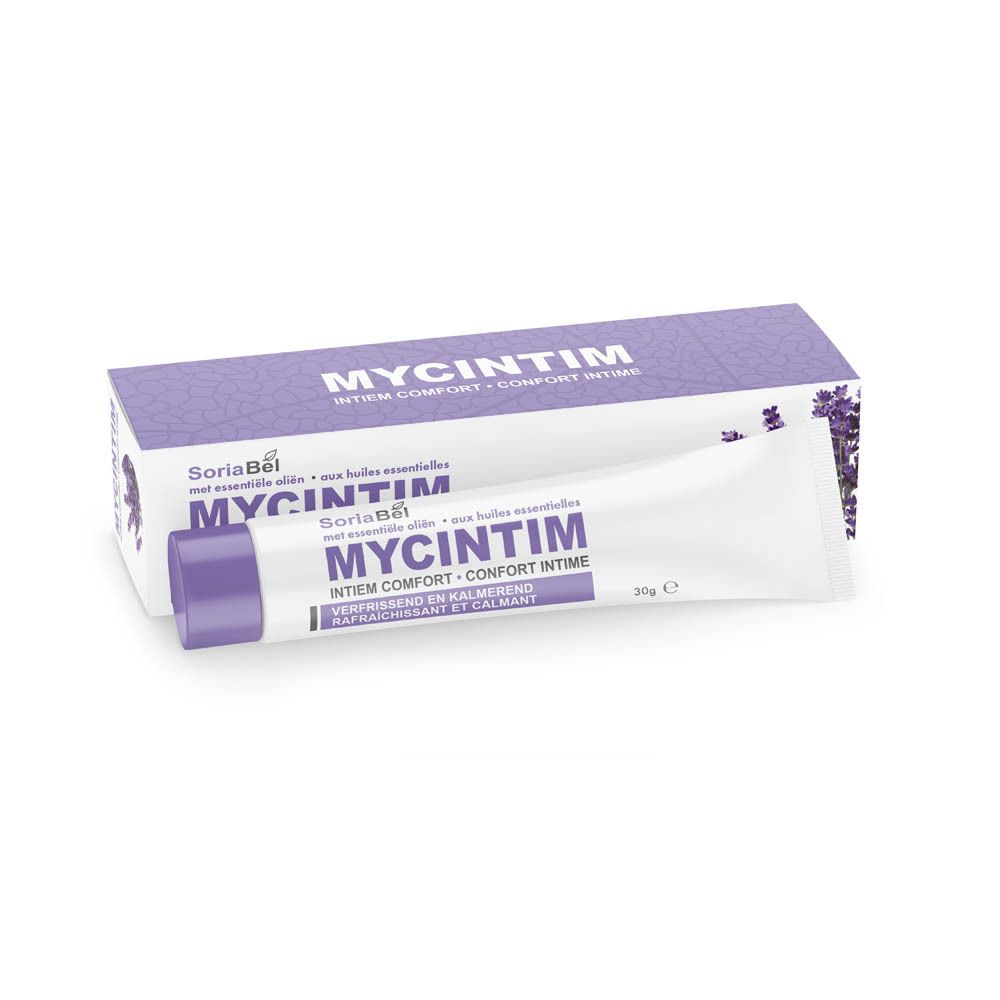Emballage et tube. Emballage: blanc-violet, inscription MYCINTIM. Tube: blanc, bouchon violet. 30g.
