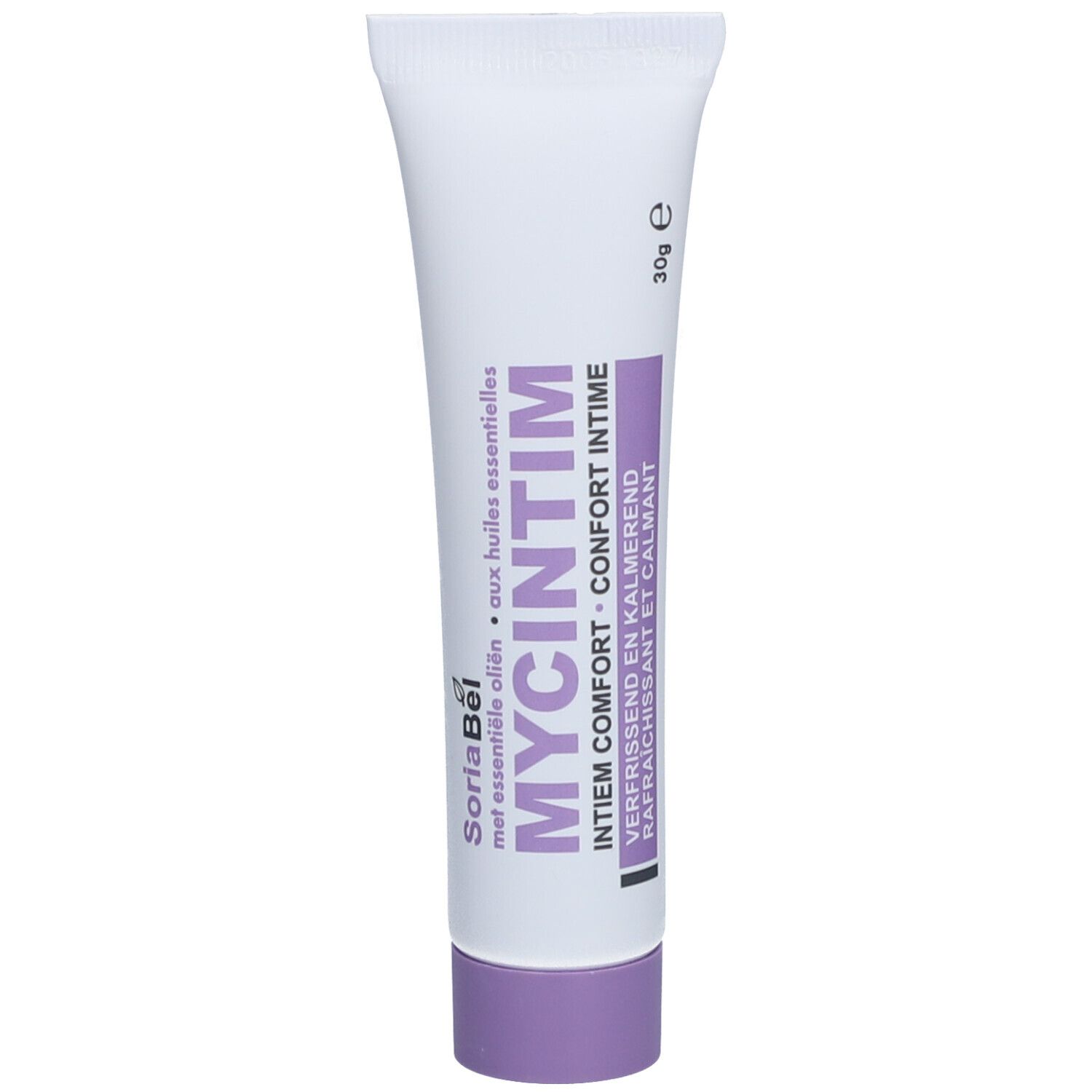 Tube de crème. Blanc, bouchon violet. Inscription: MYCINTIM, confort intime. 30g.