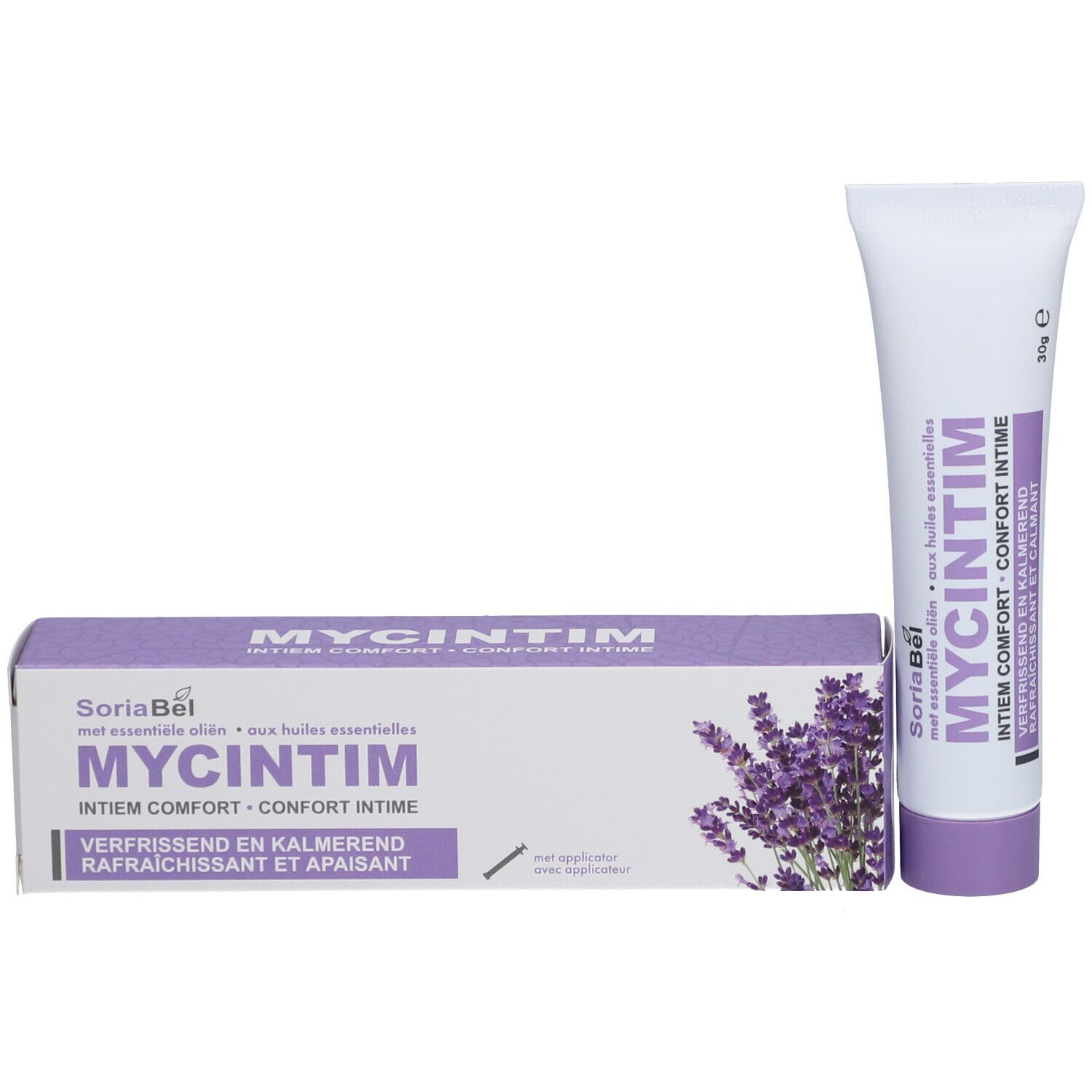 Emballage et tube. Emballage: blanc-violet, inscription MYCINTIM. Tube: blanc, bouchon violet.