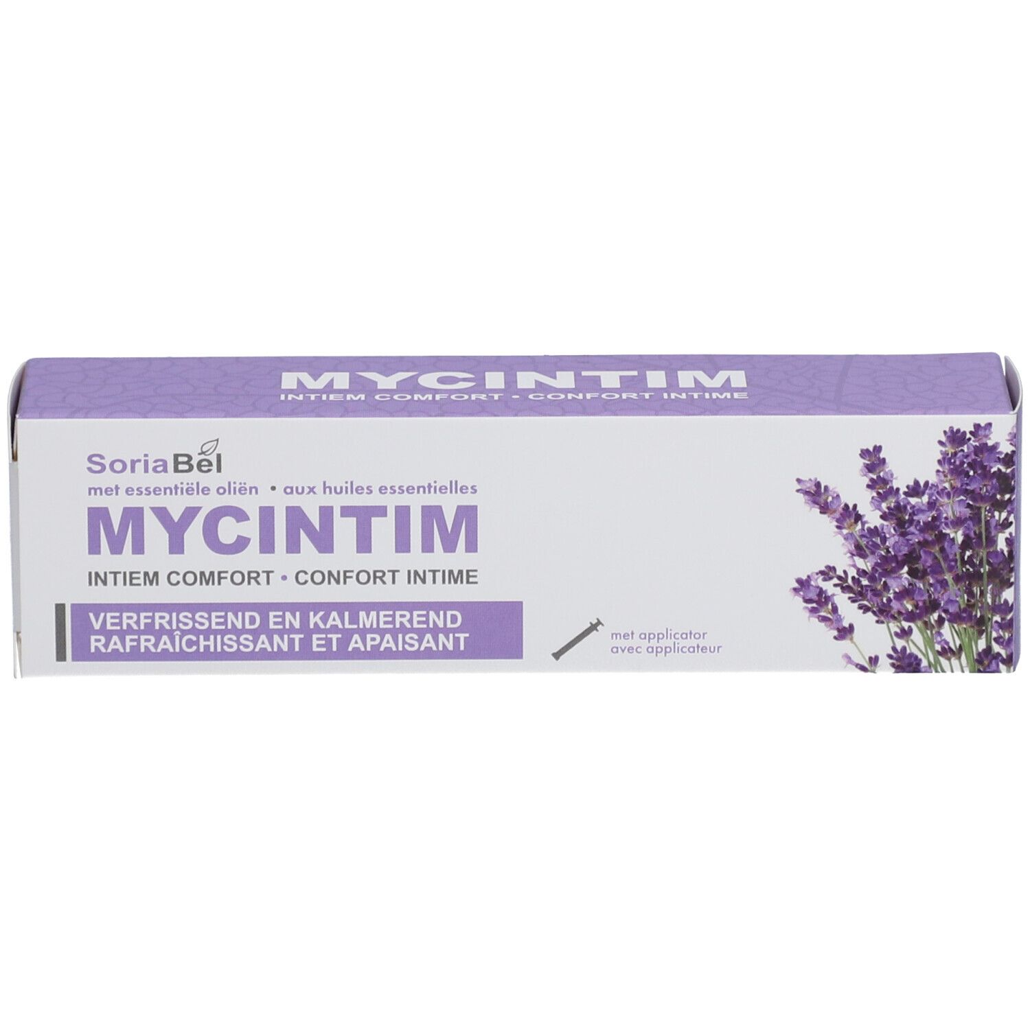Emballage. Blanc-violet, inscription MYCINTIM. Illustration de lavande. Avec applicateur.