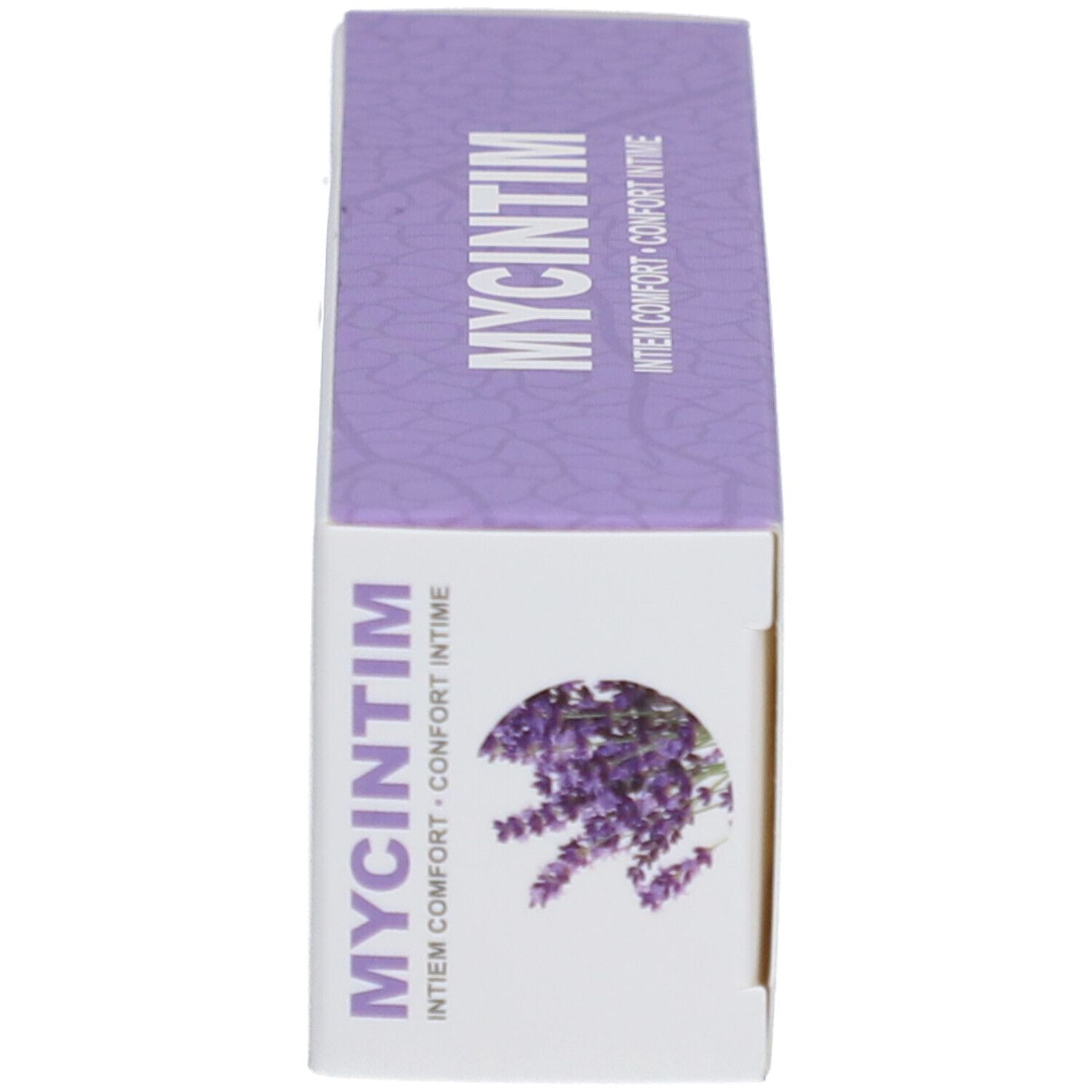 Emballage, vue latérale. Blanc-violet, inscription MYCINTIM. Illustration de lavande.