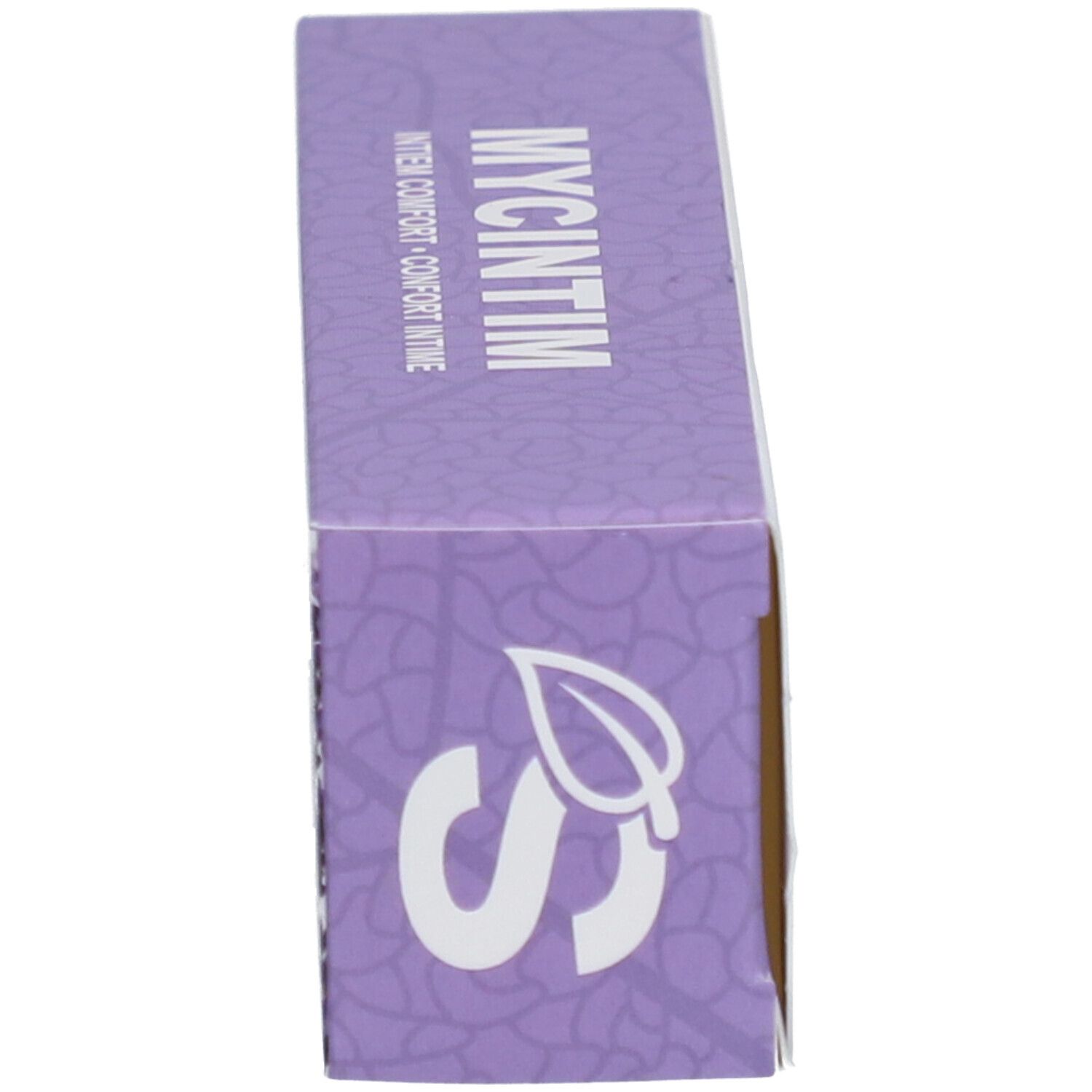 Emballage, vue latérale. Blanc-violet, inscription MYCINTIM. Logo avec feuille.