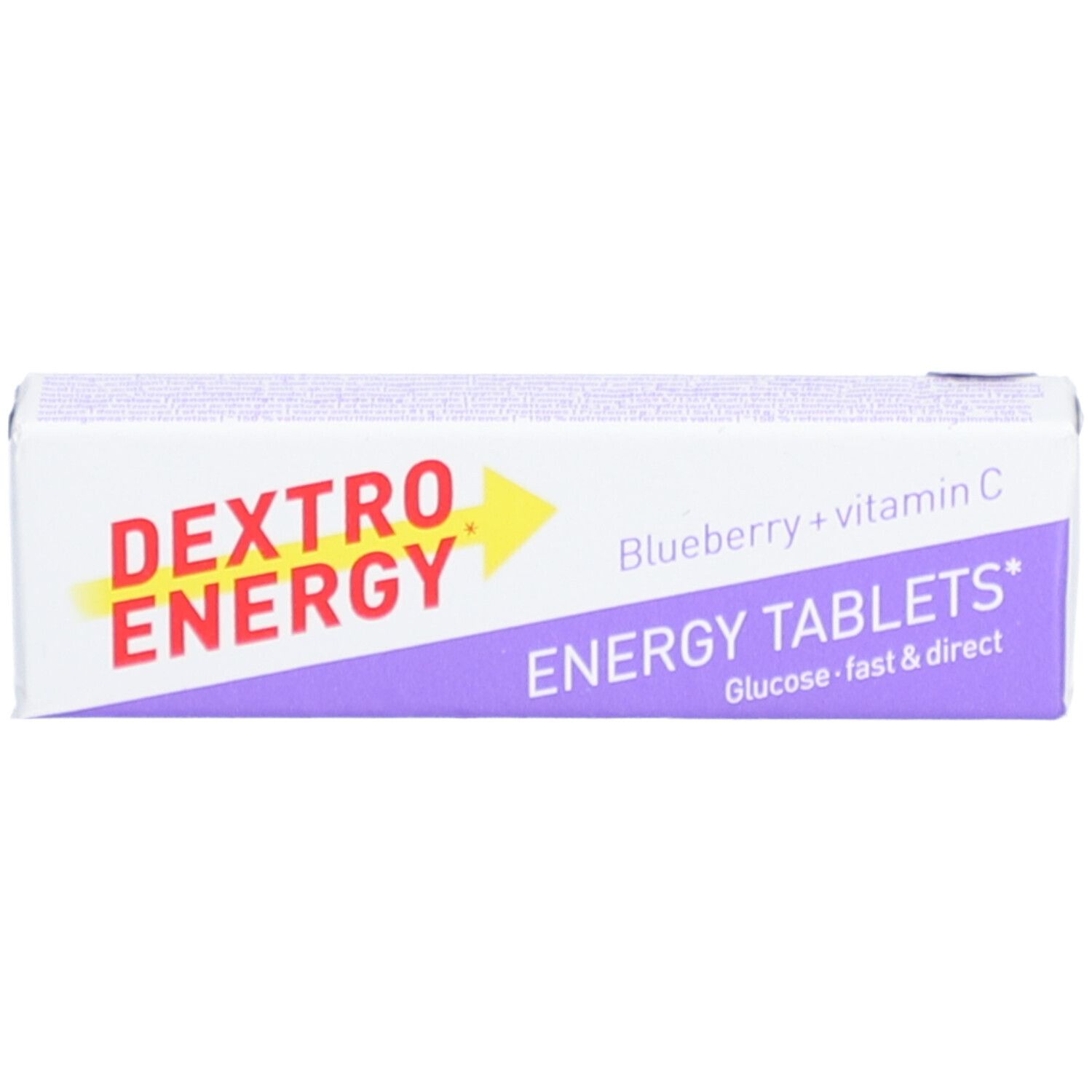 Boîte de comprimés Dextro Energy. Blanc, violet et jaune. Inscription : Energy Tablets, Blueberry + Vitamin C.