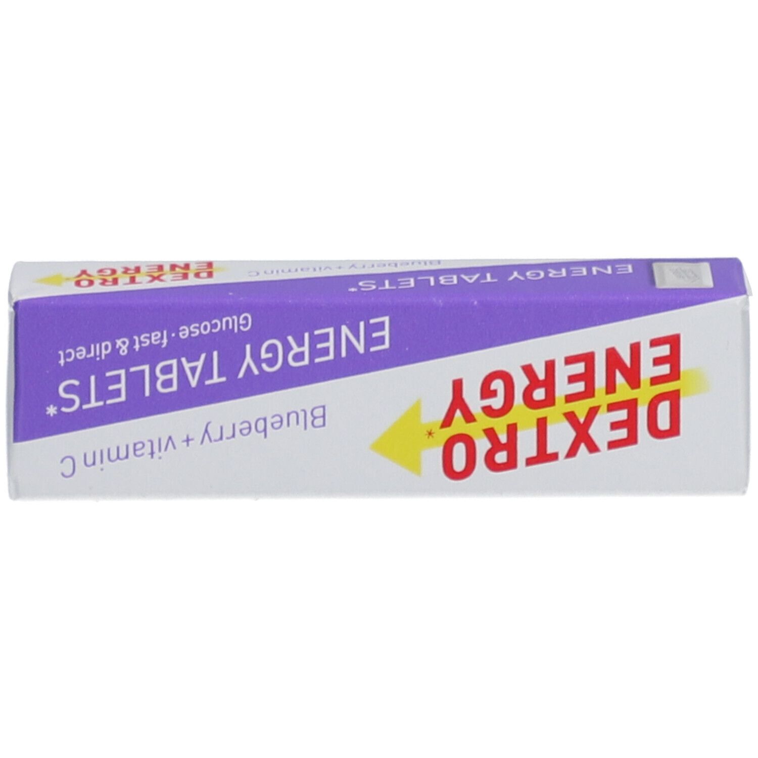Boîte de comprimés Dextro Energy. Blanc, violet et jaune. Inscription : Energy Tablets, Blueberry + Vitamin C.