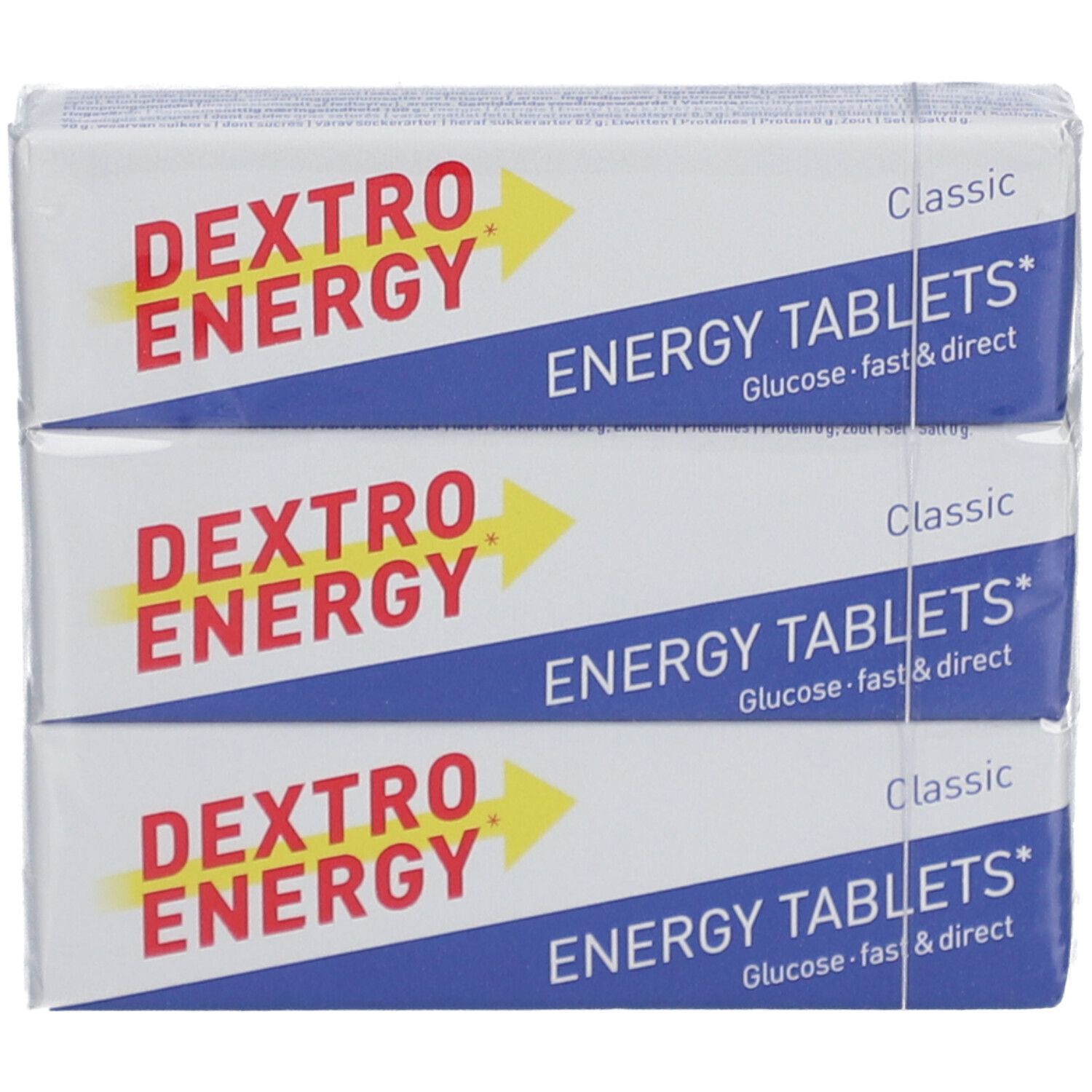 Trois paquets de Dextro Energy Energy Tablets, en diagonale. Emballage bleu et blanc avec une flèche jaune.