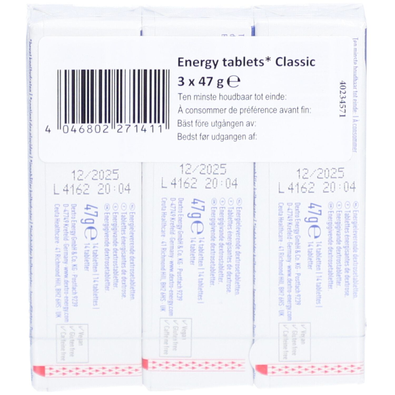Dos de trois paquets de Dextro Energy Energy Tablets. Contient des informations telles que la date de péremption et le code-barres.