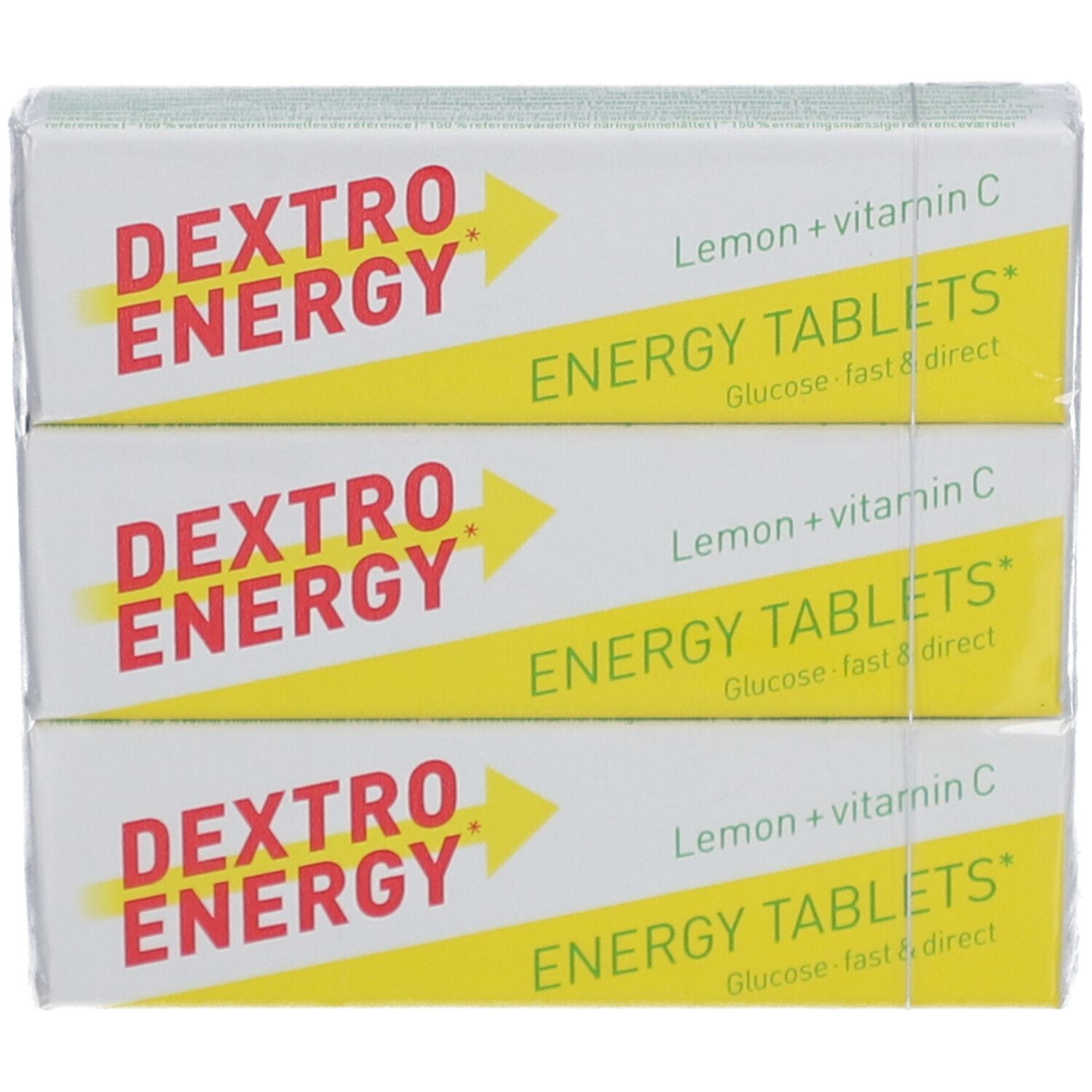 Trois boîtes de Dextro Energy Energy Tablets, Citron + vitamine C. Emballage jaune et blanc avec texte et logo.