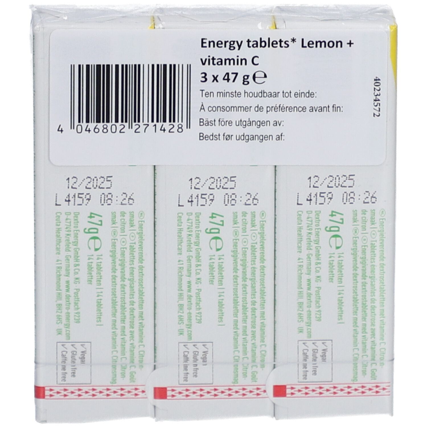 Dos de trois boîtes de Dextro Energy Energy Tablets, Citron + vitamine C. Code-barres, texte et date de péremption.