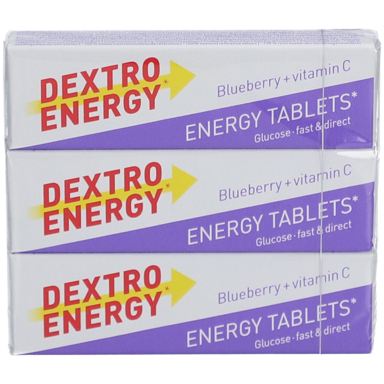 Trois paquets de Dextro Energy. Emballage bleu avec flèche jaune et texte. Texte : Blueberry + Vitamin C, Energy Tablets.
