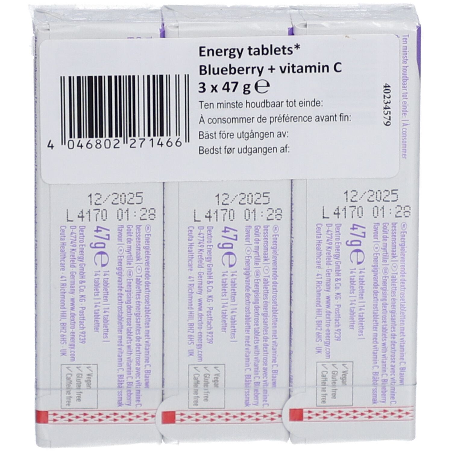 Dos de trois paquets de Dextro Energy. Texte : Energy tablets, Blueberry + vitamin C. Code-barres, date de péremption 12/2025.