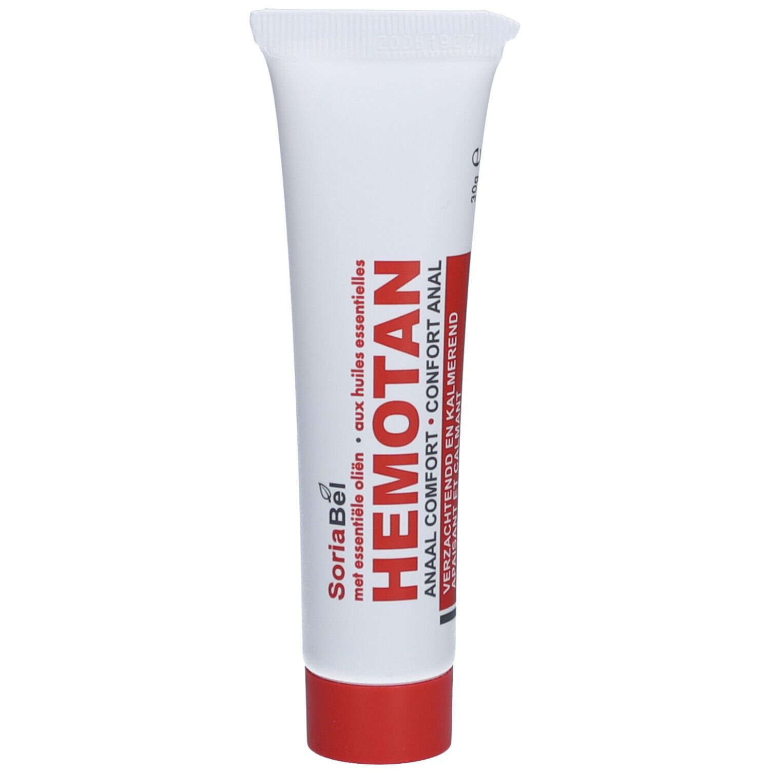 Tube blanche, bouchon rouge. Inscription: Hemotan, Confort anal. Marque SoriaBel.