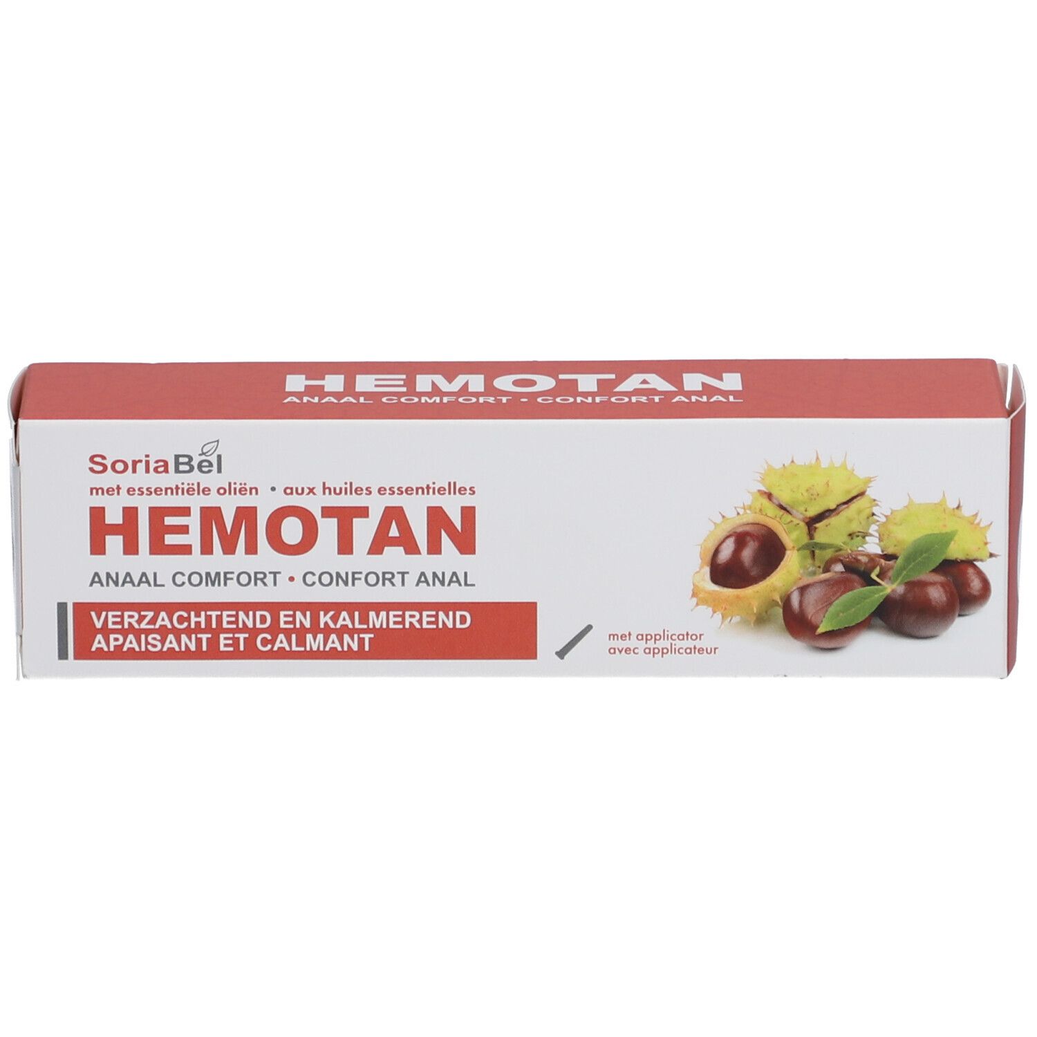 Emballage du produit. Inscription: Hemotan, Confort anal. Illustration de châtaignes.