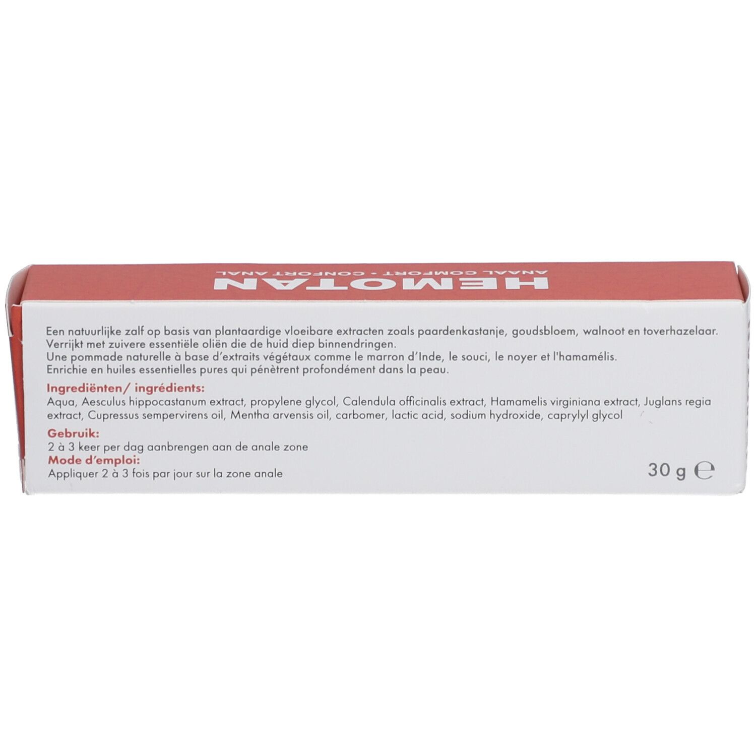 Emballage du produit. Texte: Ingrédients, mode d'emploi. 30 g.