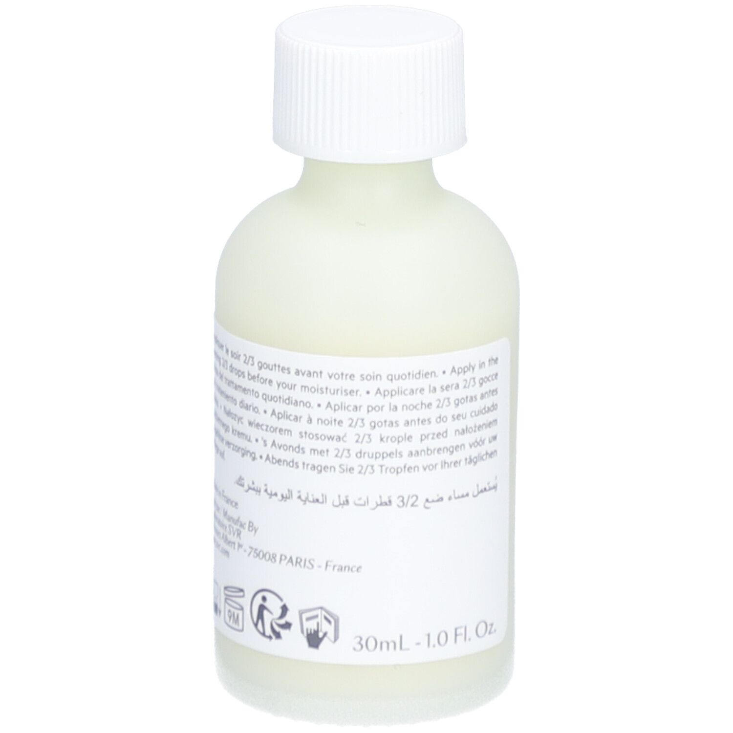 Rückansicht der SVR Ampulle Lift Flasche. Weißes Etikett mit Text. Weißer Deckel. 30ml. Hellgrüne Flüssigkeit.