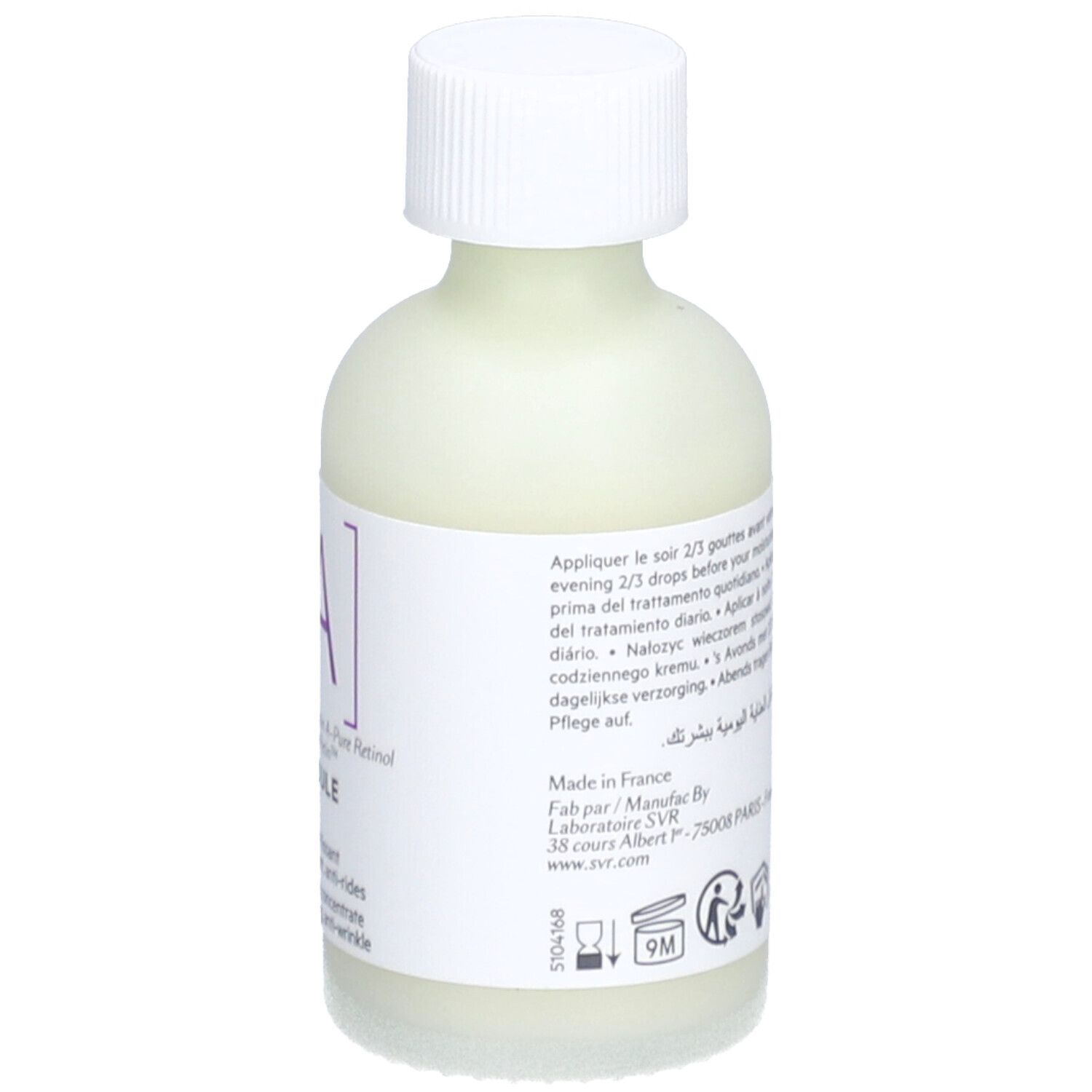 Rückansicht der SVR Ampulle Lift Flasche. Weißes Etikett mit Text. Weißer Deckel. Hellgrüne Flüssigkeit sichtbar.