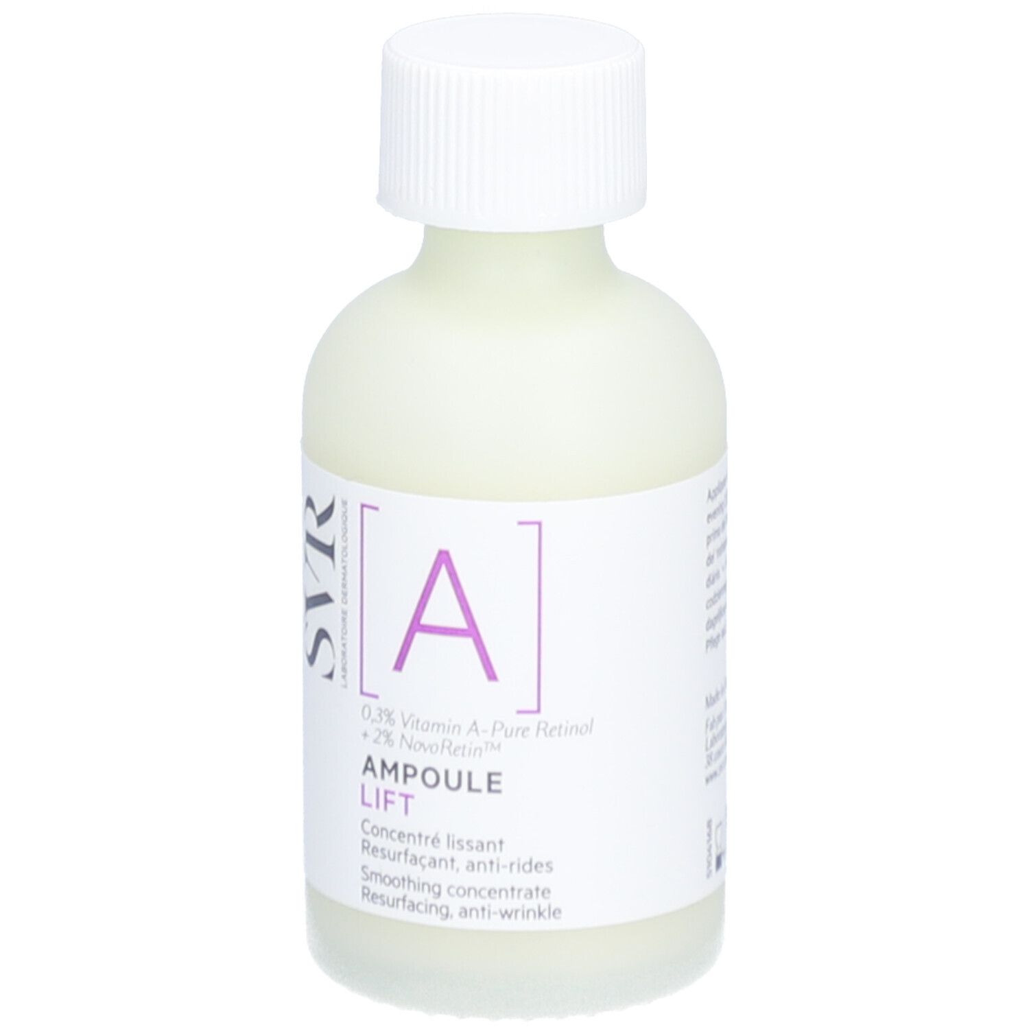SVR Ampulle Lift Flasche mit weißem Deckel und Etikett. Aufschrift: [A] und Produktname. Hellgrüne Flüssigkeit sichtbar.