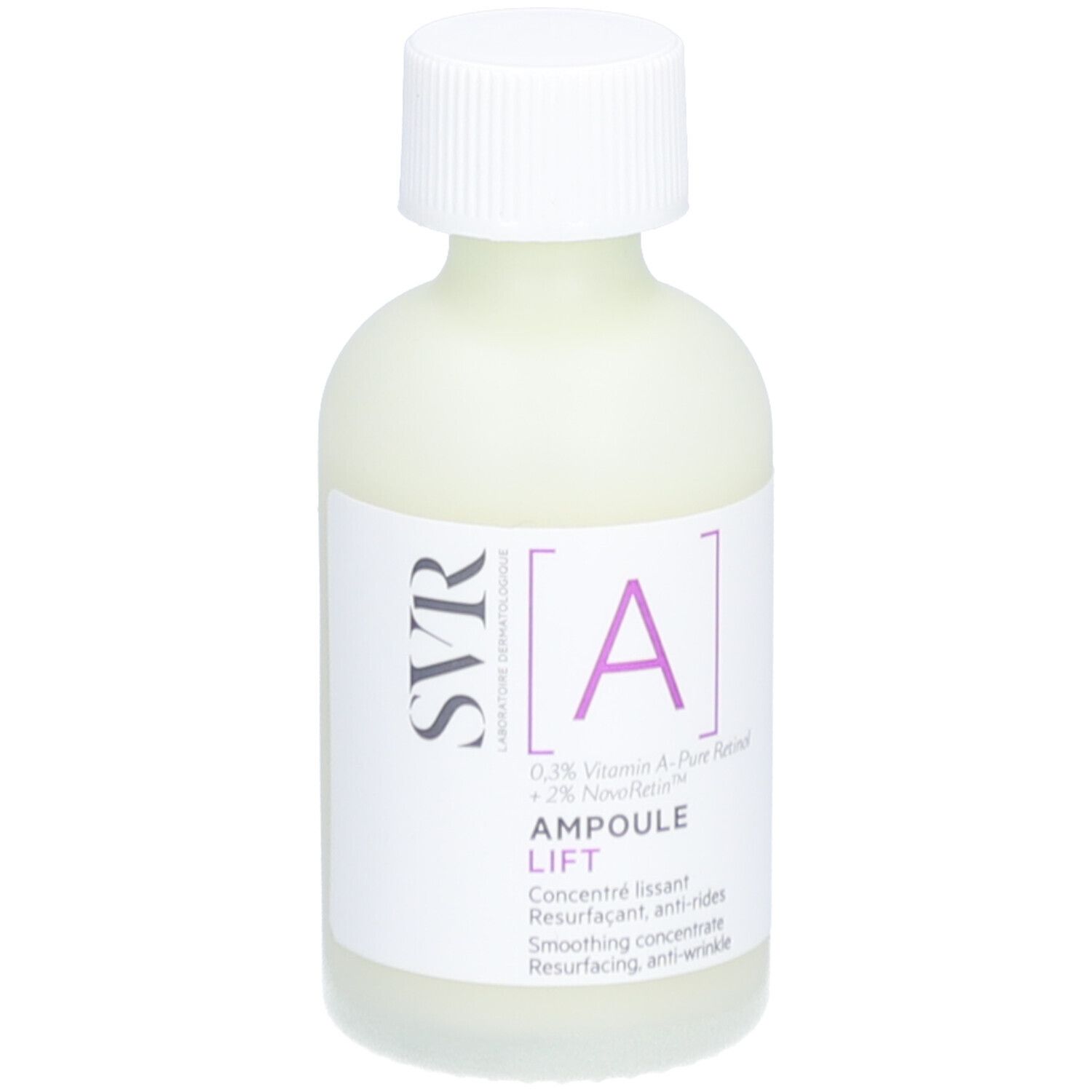 SVR Ampulle Lift Flasche mit weißem Deckel und Etikett. Aufschrift: [A] und Produktname. Hellgrüne Flüssigkeit sichtbar.
