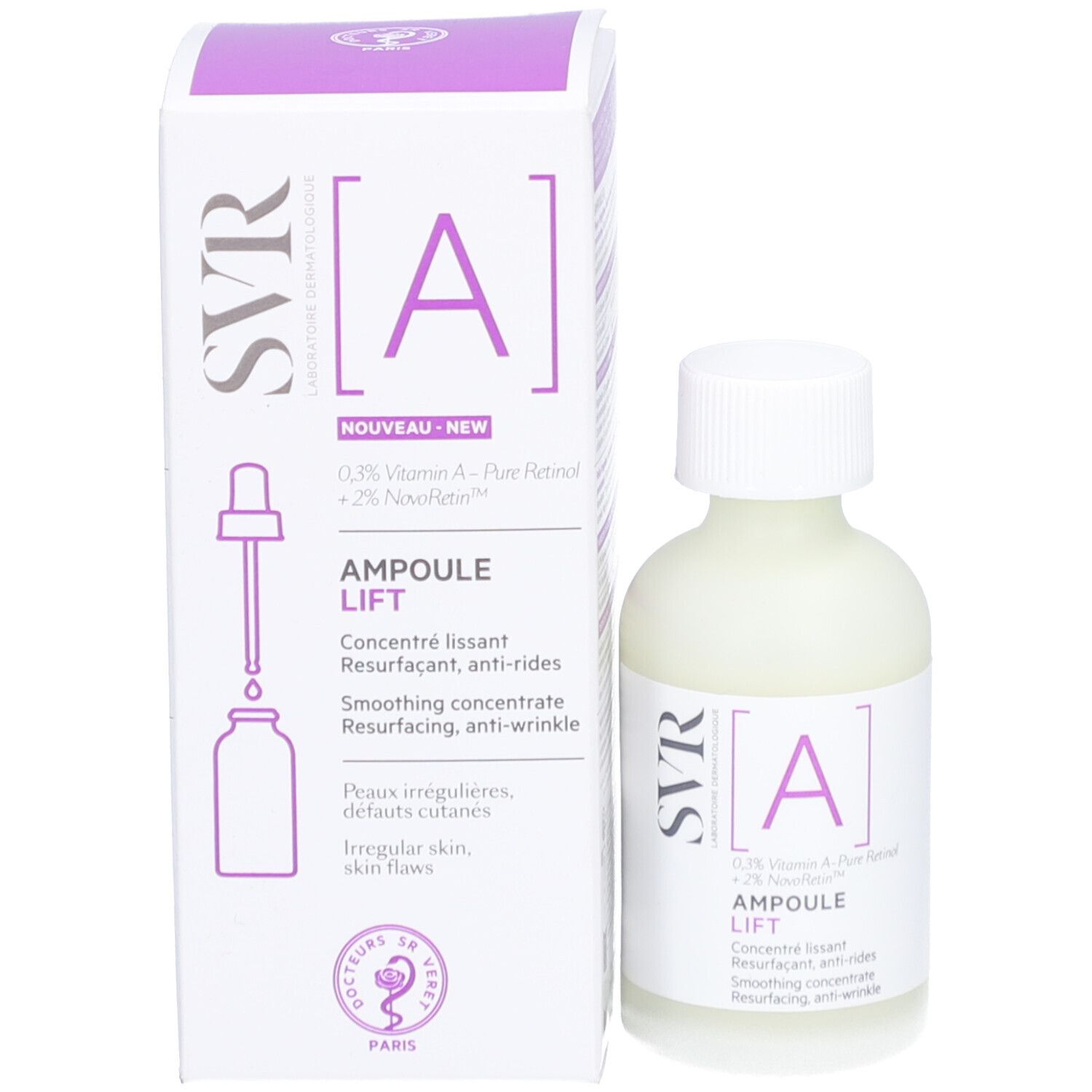 SVR Ampulle Lift Produkt mit Verpackung. Flasche und Karton. Aufschrift: [A] und Produktname. Pipette sichtbar.