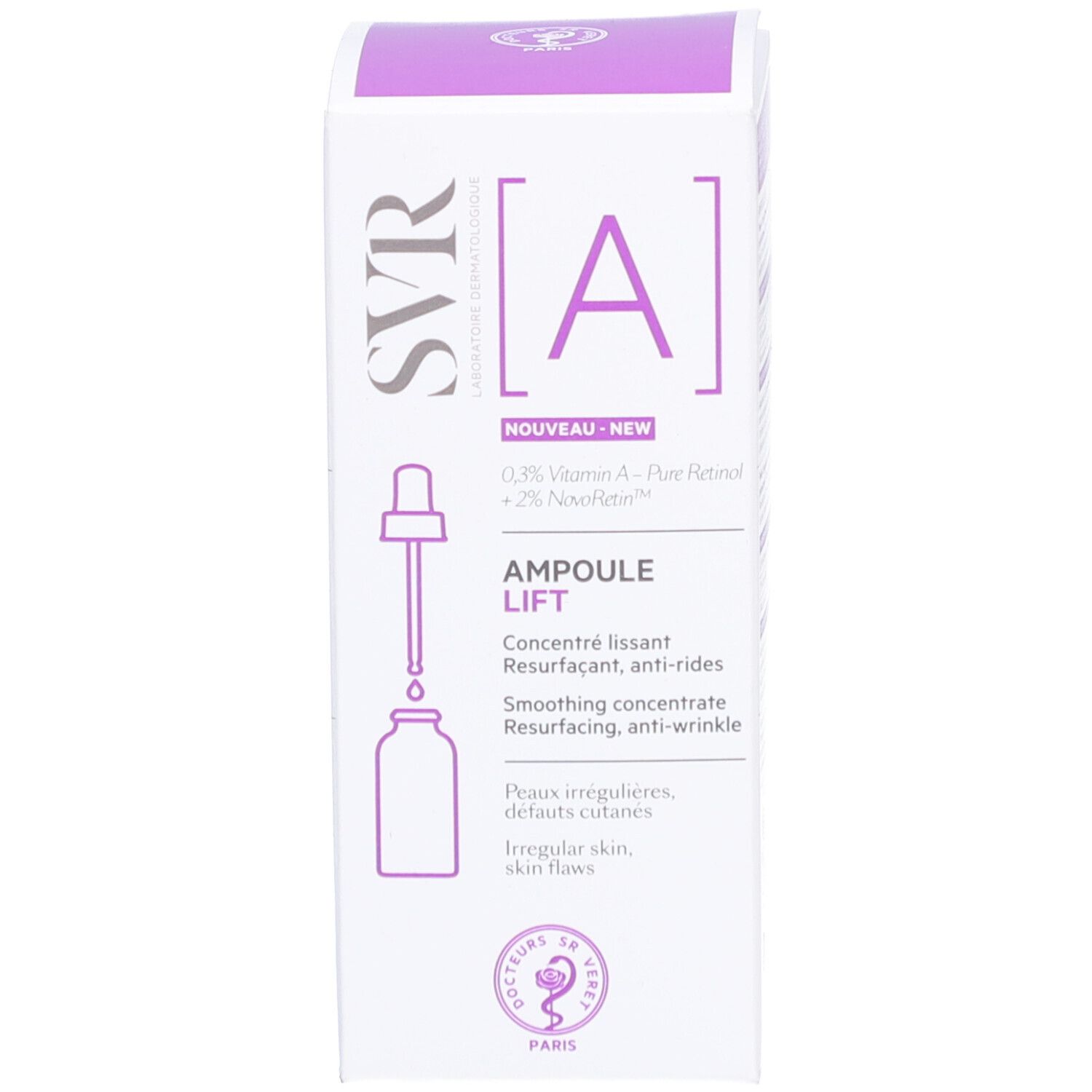 SVR Ampulle Lift Produktverpackung. Karton mit Produktabbildung und Pipette. Aufschrift: [A] und Produktname.