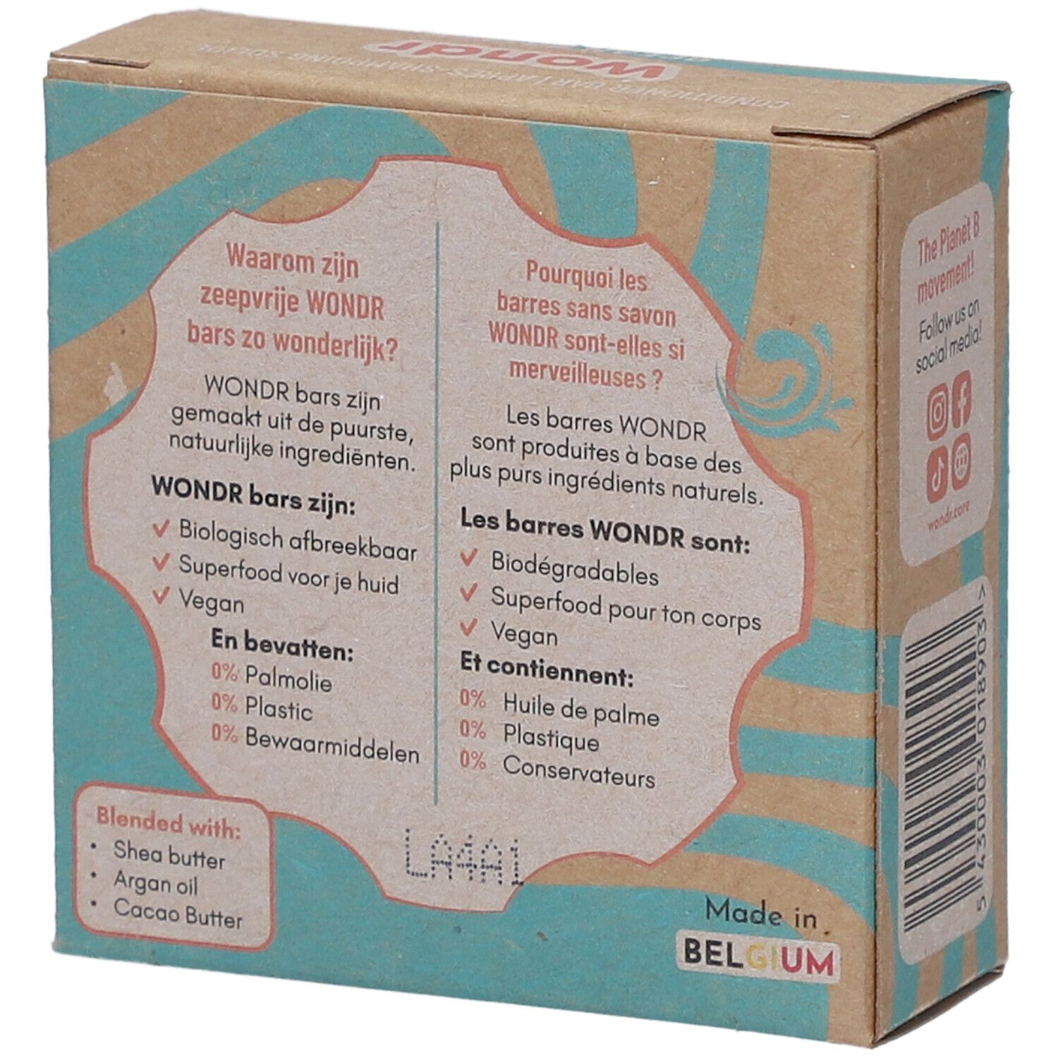 Kartonverpackung. Text in Deutsch und Französisch. Informationen über Inhaltsstoffe und Vorteile der Seifen.