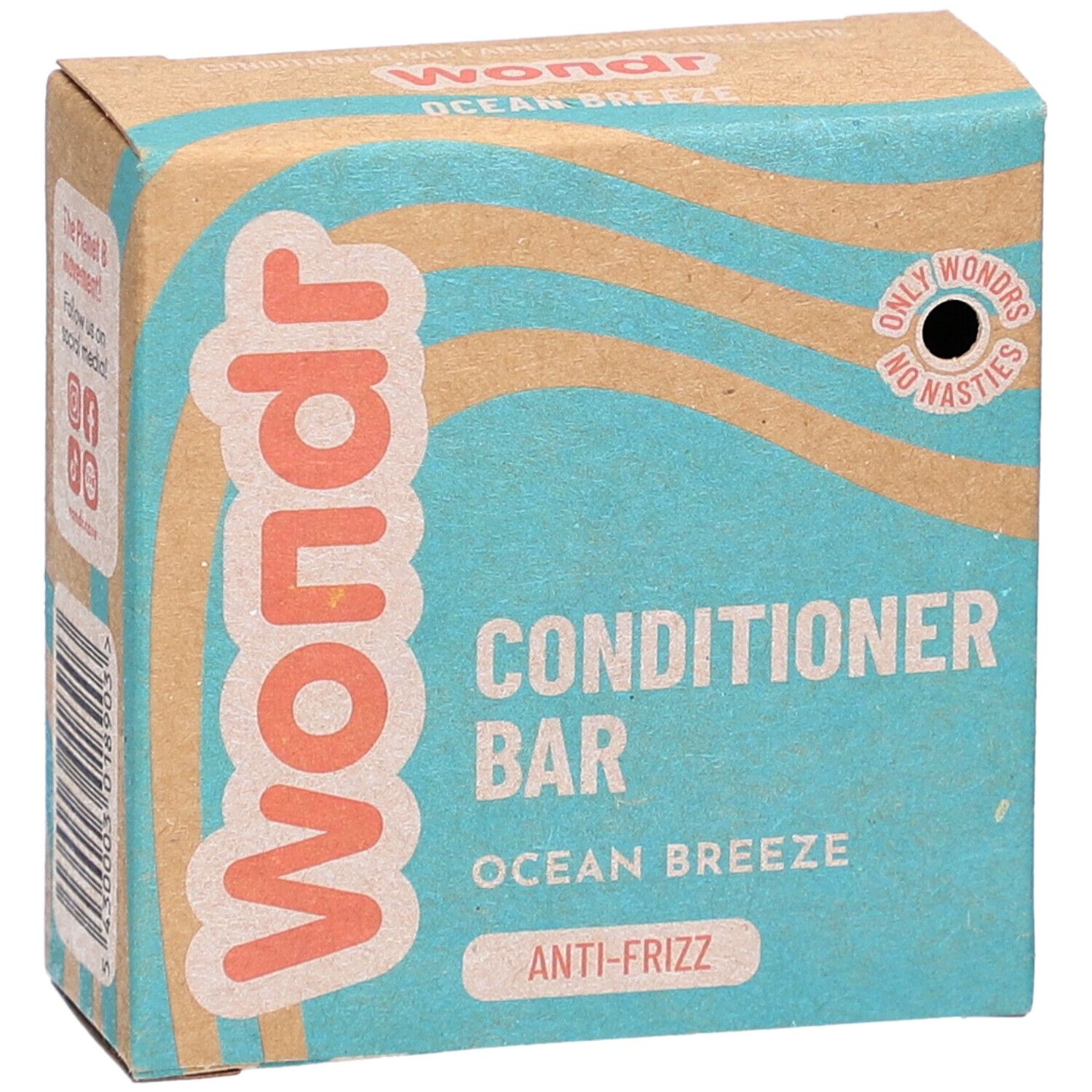 Kartonverpackung. Aufschrift: Wondr, Conditioner Bar, Ocean Breeze, Anti-Frizz. Mit Wellenmuster und Logo.
