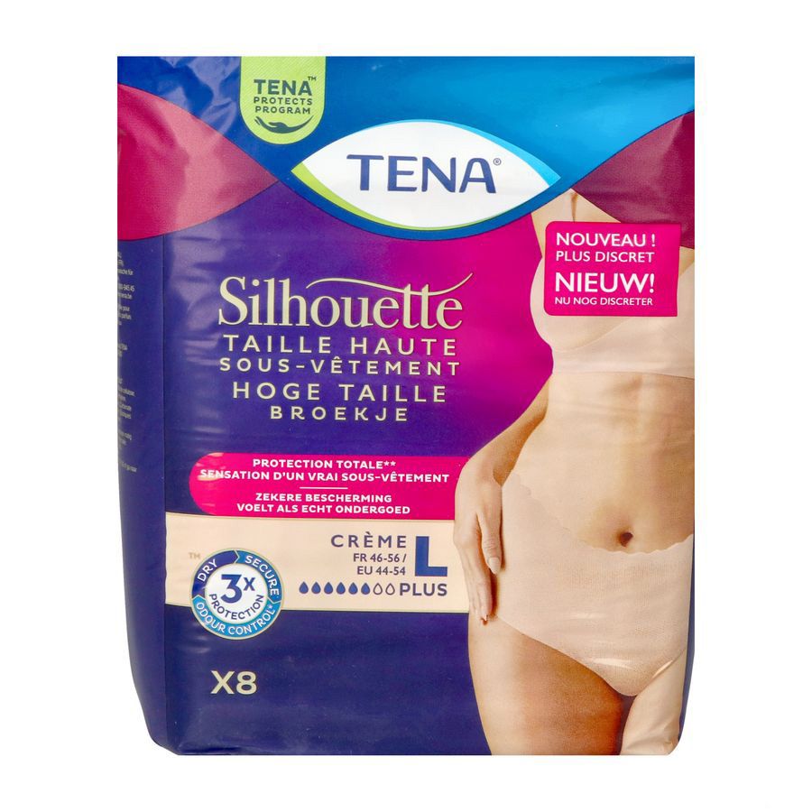 Paquet de TENA Silhouette, taille L, couleur crème. Visible : 8 pièces, Dry Secure, protection triple. Illustration d'une femme en sous-vêtements.