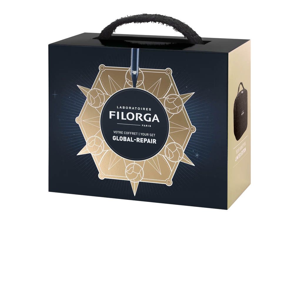 Coffret bleu foncé avec poignée. Logo et texte FILORGA GLOBAL-REPAIR dorés. Trousse noire sur le côté.