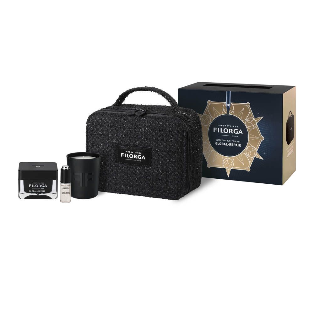 Coffret avec trousse noire, crème, sérum et bougie. Logo FILORGA sur tous les produits. Boîte avec logo.