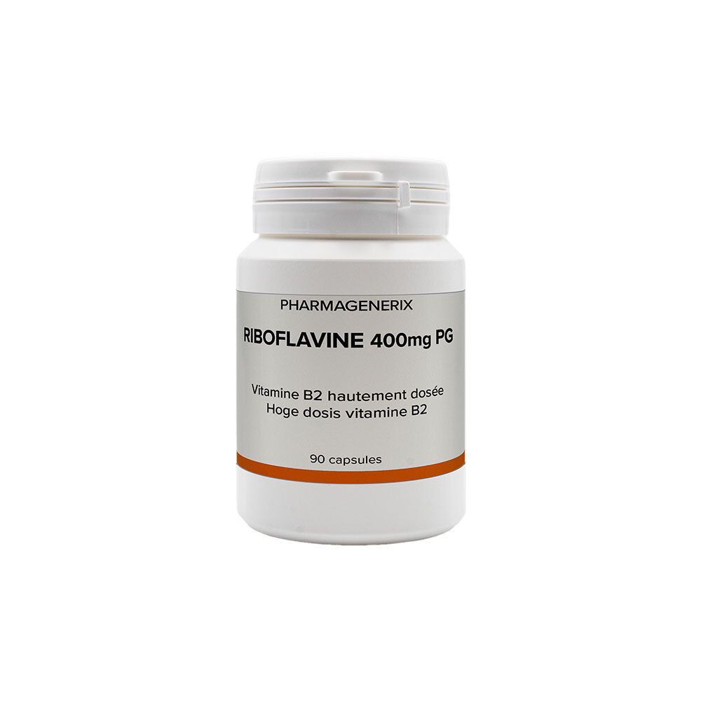 Weiße Flasche mit Pharmagenerix Riboflavin 400mg PG. Aufschrift: 90 Kapseln. Deckel mit Sicherheitsverschluss.