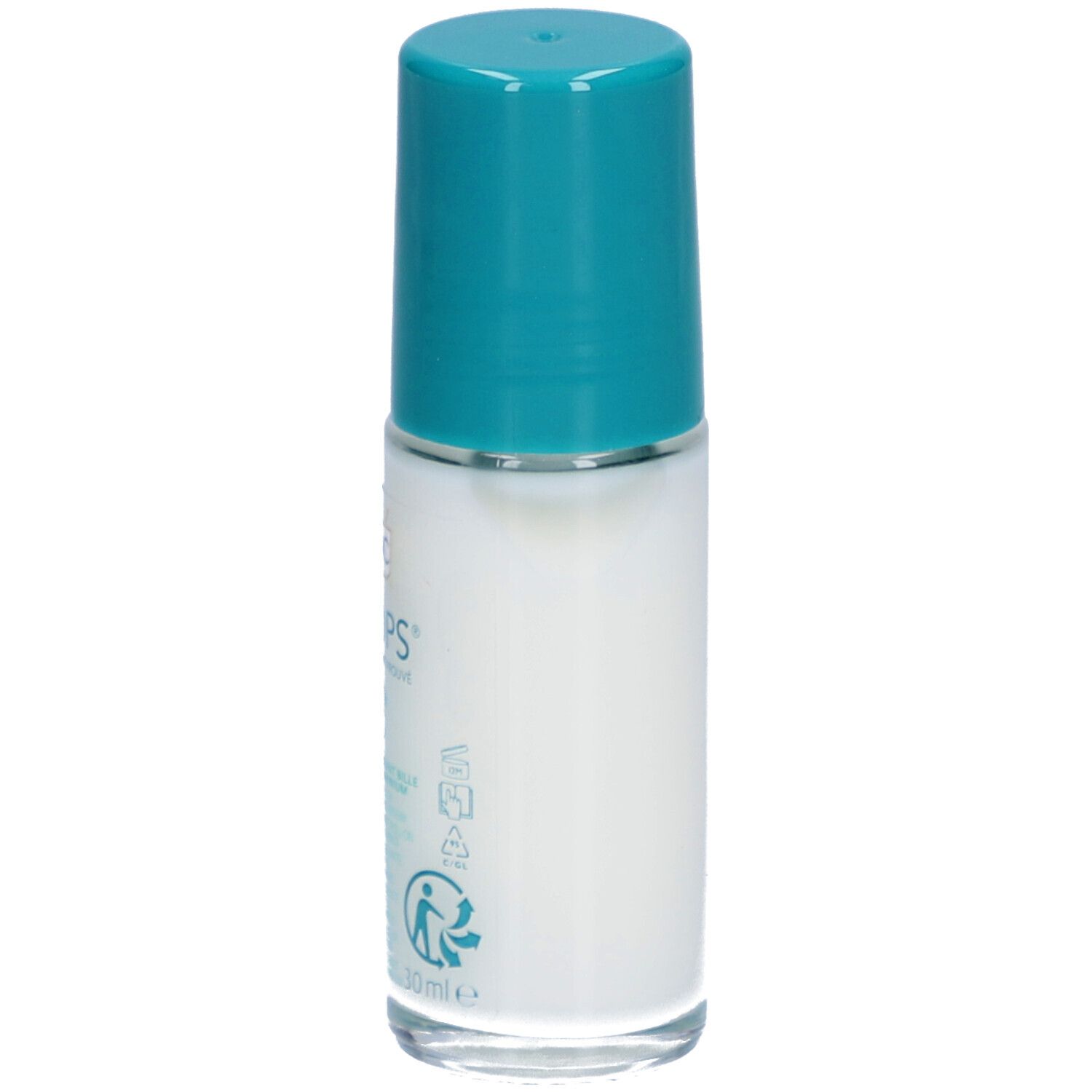 Roll-on-Deodorant von RoC Keops, weißes Gehäuse, türkisfarbener Deckel. Aufschrift: Keops, 48H, 0% Aluminium.