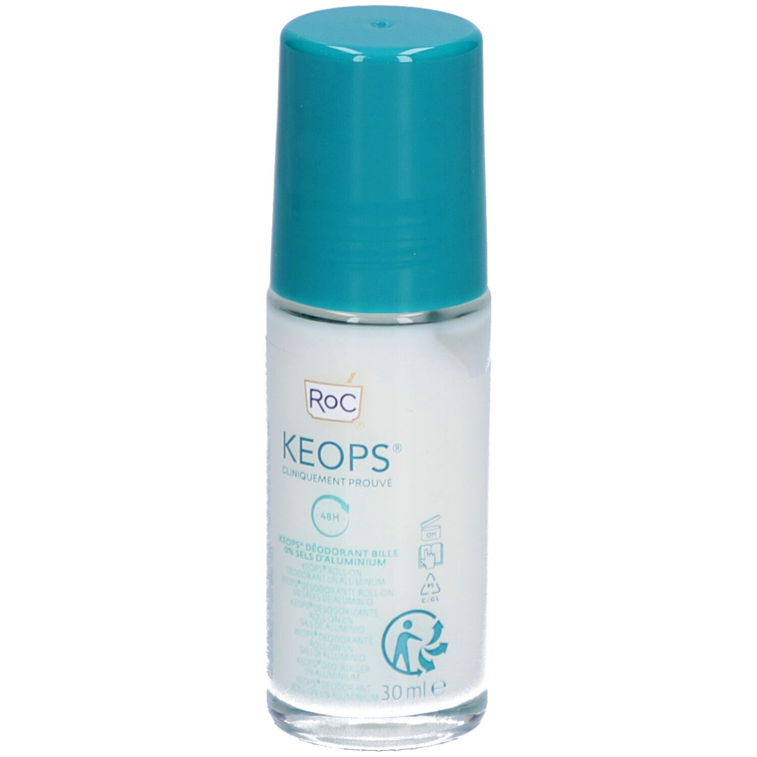 Roll-on-Deodorant von RoC Keops, weißes Gehäuse, türkisfarbener Deckel. Aufschrift: Keops, 48H, 0% Aluminium. 30 ml.