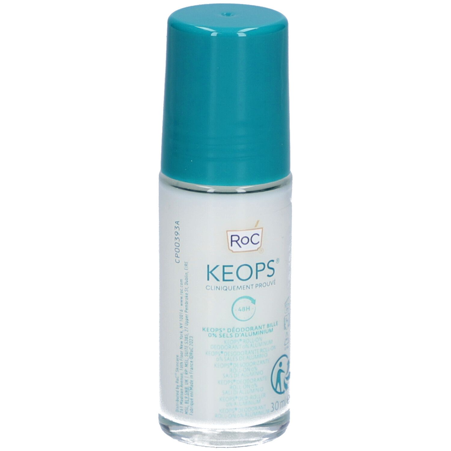 Roll-on-Deodorant von RoC Keops, weißes Gehäuse, türkisfarbener Deckel. Aufschrift: Keops, 48H, 0% Aluminium. 30 ml.
