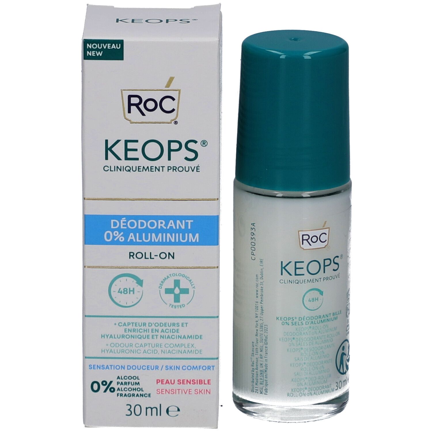 RoC Keops Deodorant Roll-On, mit Verpackung. Weißer Karton, türkisfarbene Akzente. Aufschrift: 0% Aluminium, 30 ml.