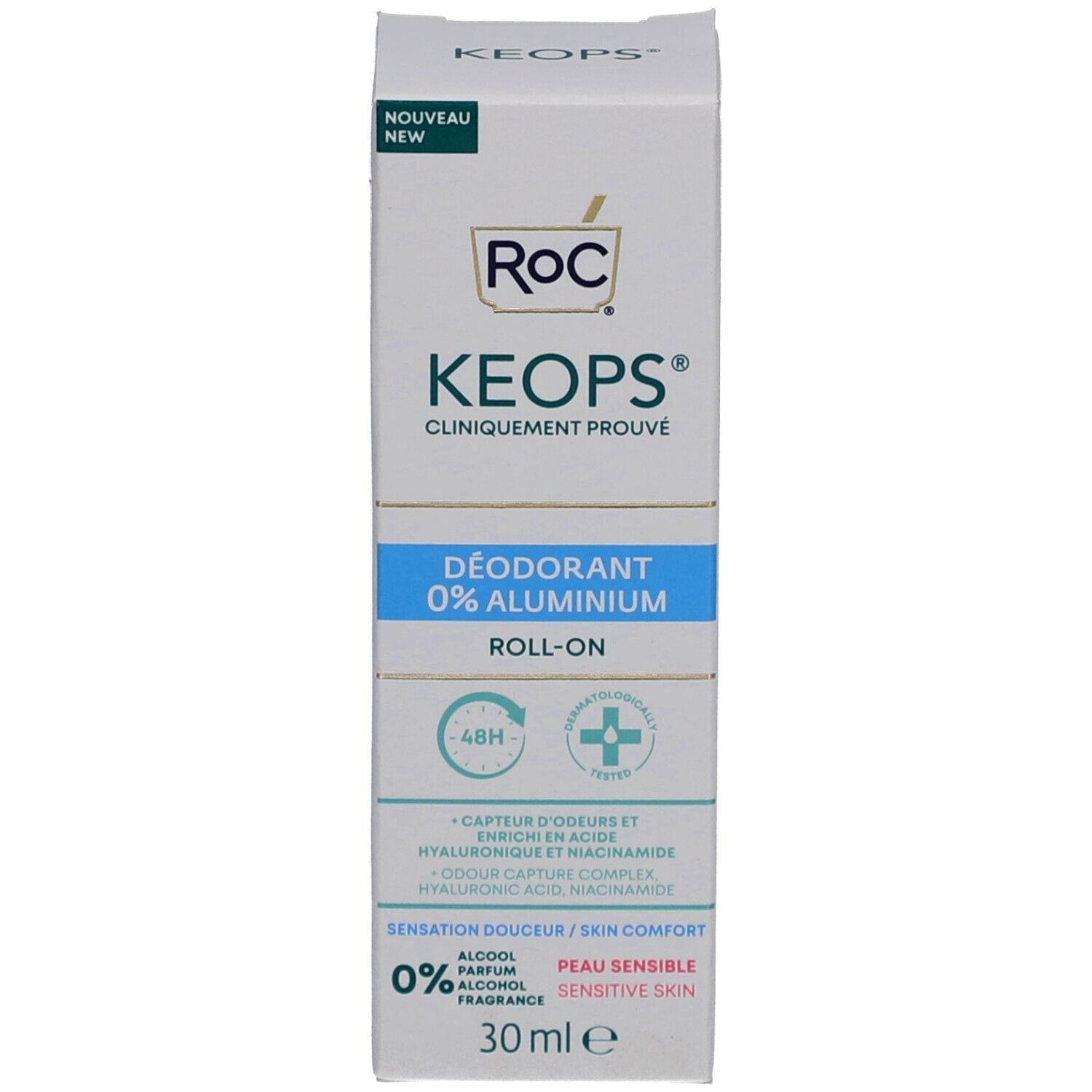 RoC Keops Deodorant Roll-On, Verpackung. Weißer Karton, türkisfarbene Akzente. Aufschrift: 0% Aluminium, 30 ml.