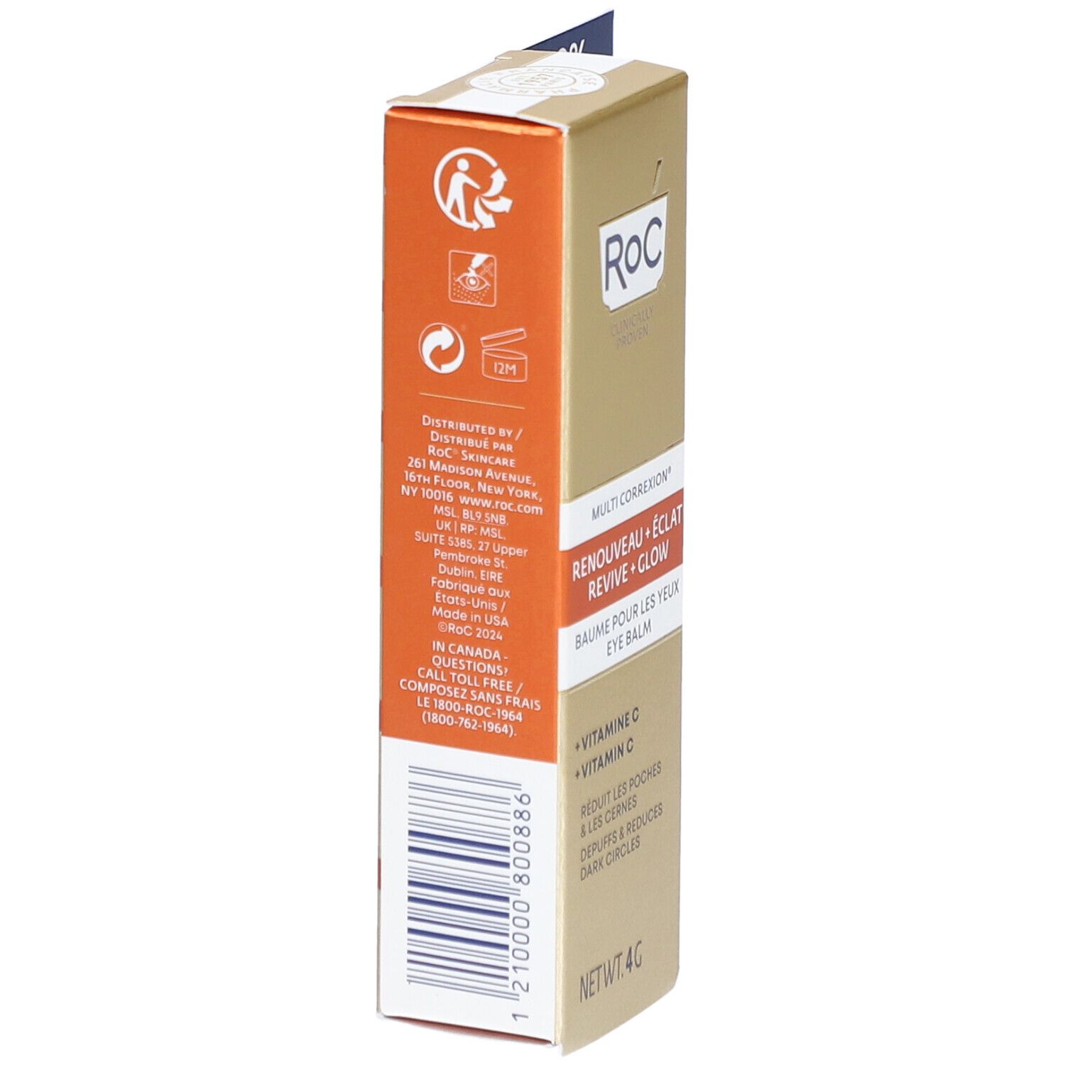 Rückseite der Verpackung des ROC® Multi Correxion Revive + Glow Augenpflege-Sticks. Enthält Informationen.